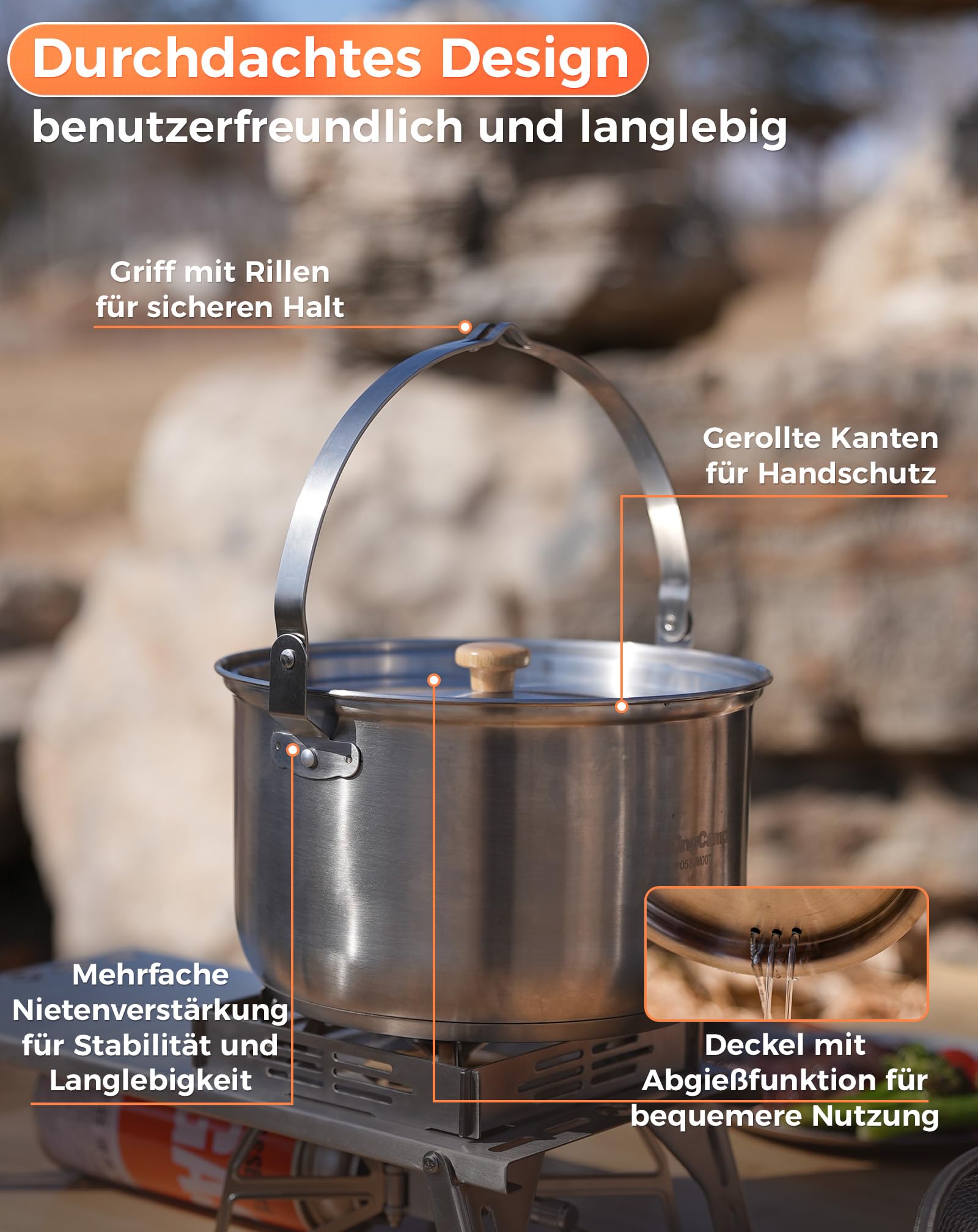 KingCamp Camping topfset aus Edelstahl, Camping Kochset mit undichter Korb,Camping Kochgeschirr induktionsgeeignet, geeignet für Camping, Wandern, Picknick