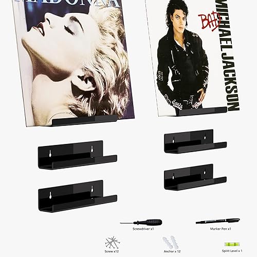 Hexsonhoma Soporte de pared para discos de vinilo negro de 12 pulgadas, estante de acrílico para pared, soporte para exhibición de discos de vinilo,