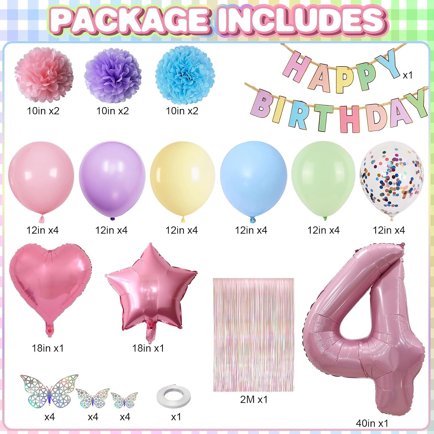 Pastel 4th Birthday Party Decorations for Girls Number 4 Balloon Happy Birthday Banner Butterfly Stickers Fringe Curtain Paper Pom Poms Macaron Pink Star Heart Foil Colorful Balloons 4 Year Old Decor