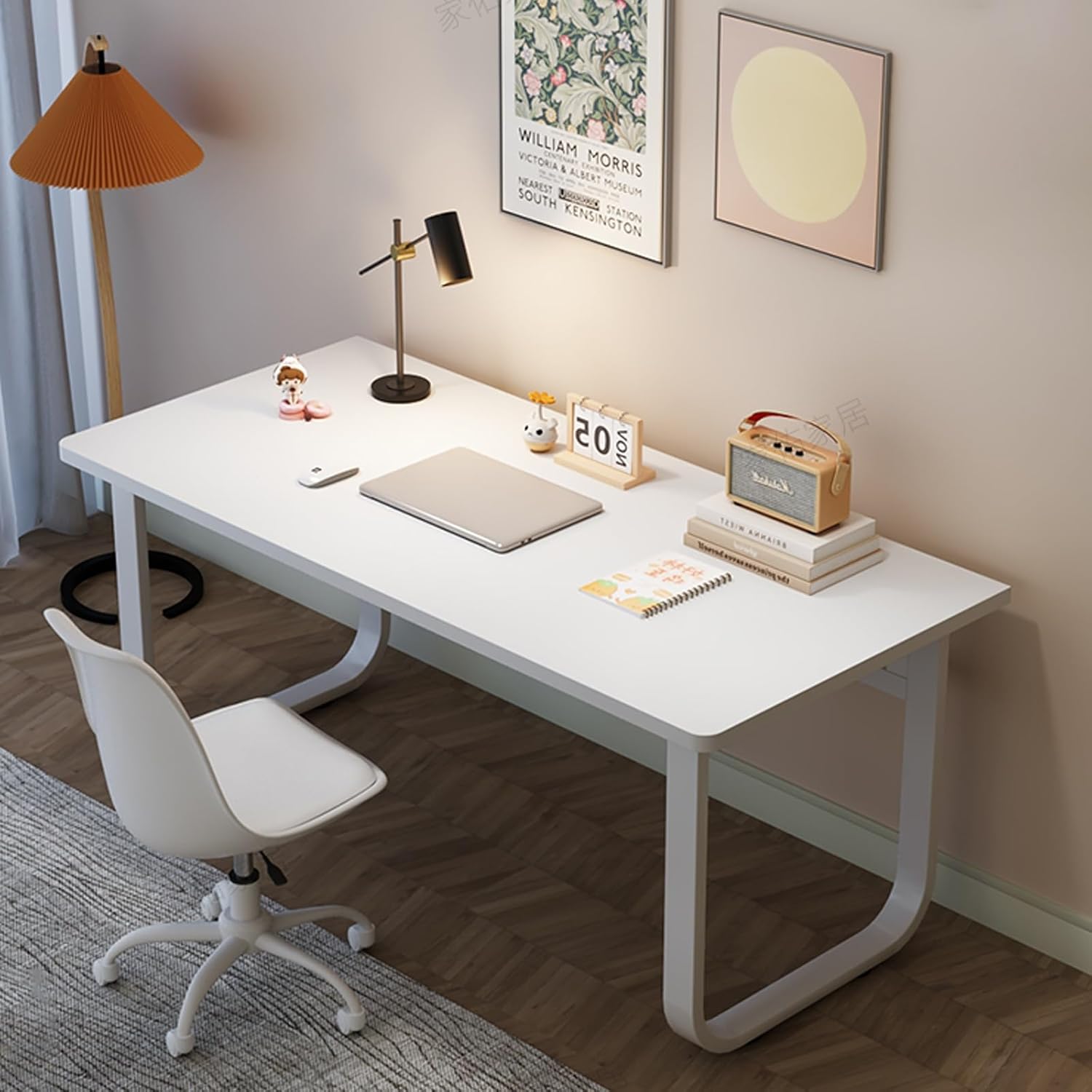 Home Office Desk Computer Desk Load-Bearing Capacity 150kg Scratch Resistant Heat Resistant Moisture Resistant Easy to Clean(White+White Frame,100x60x75cm)