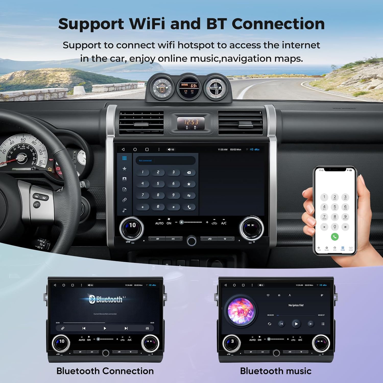 Images showing the car stereo screen displaying Bluetooth connection and music playback interfaces, with a smartphone showing a dial pad.