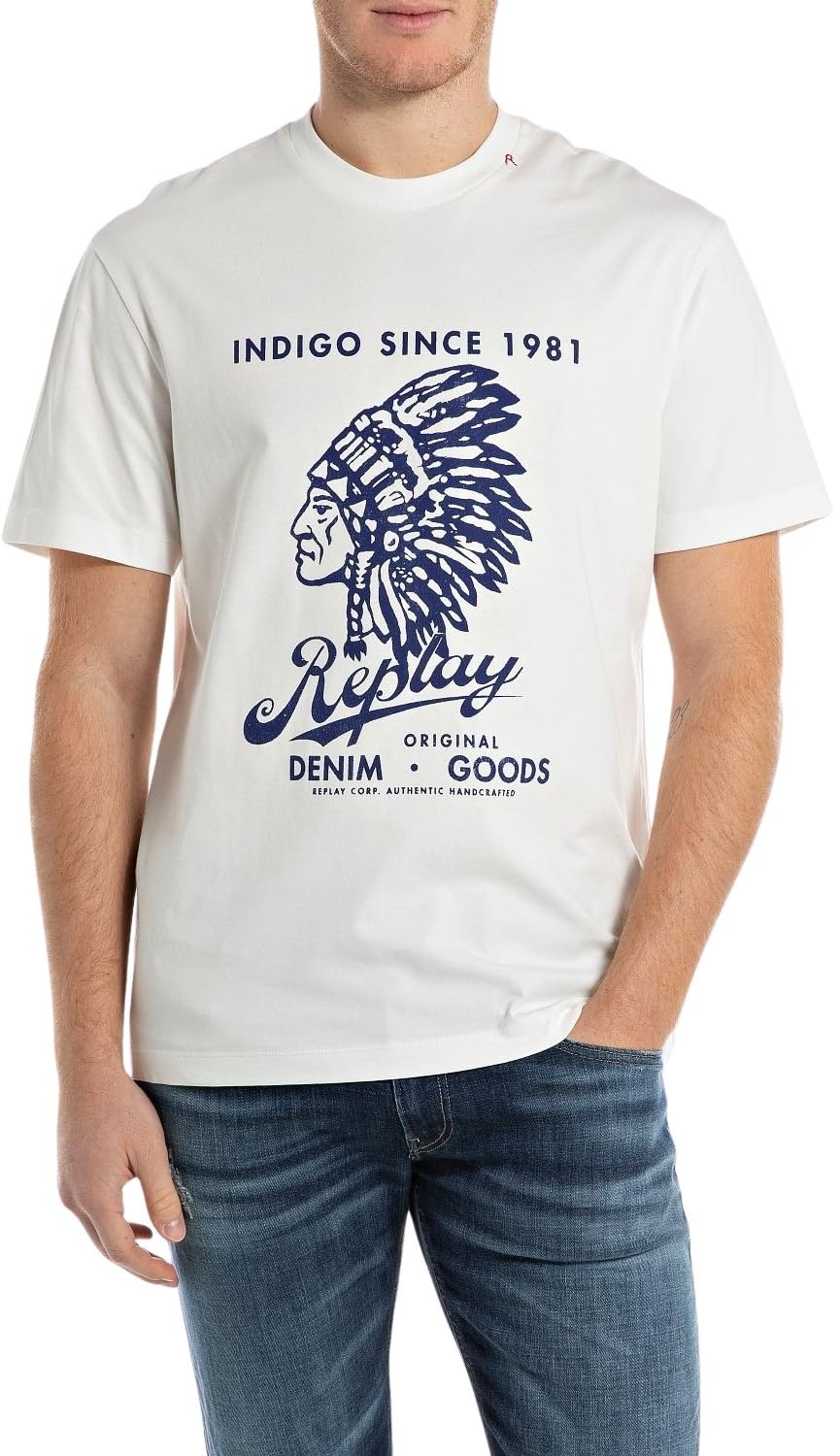 Replay Herren T-Shirt Kurzarm Rundhalsausschnitt – Natural White 011, XXL