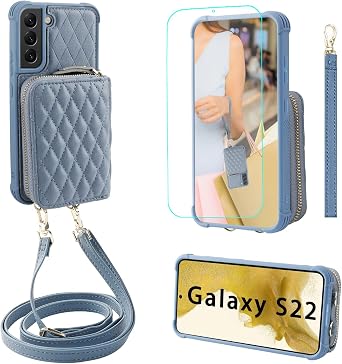 MONASAY Zipper Wallet Case Fit for Samsung Galaxy S22 - Burgundy | RFID Blocking,PU Leather, with Card Holders, Fits 6.1 inch ONLY,with screen Protector, With a slanted carrying strap