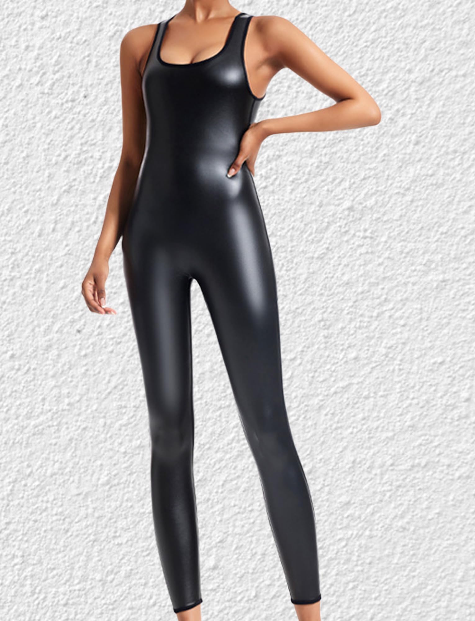 FEOYA Combinaison en Cuir PU pour Femmes Sexy Jumpsuit à Manches Courtes Sport Yoga Jumpsuit Une Pièces PU Clubwear Combinaison