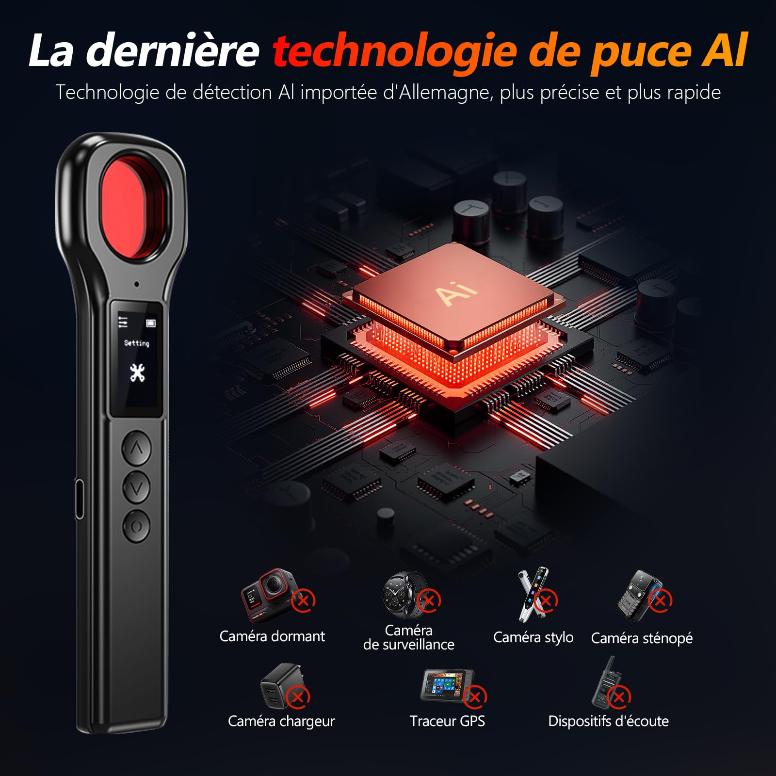 LONGYI Détecteur de Micros, Détecteur de Caméras Professionnel pour Détecter Les Caméras Cachées, avec écran LED HD, jusqu'à 10 Heures d'autonomie, idéal pour Les Hôtels
