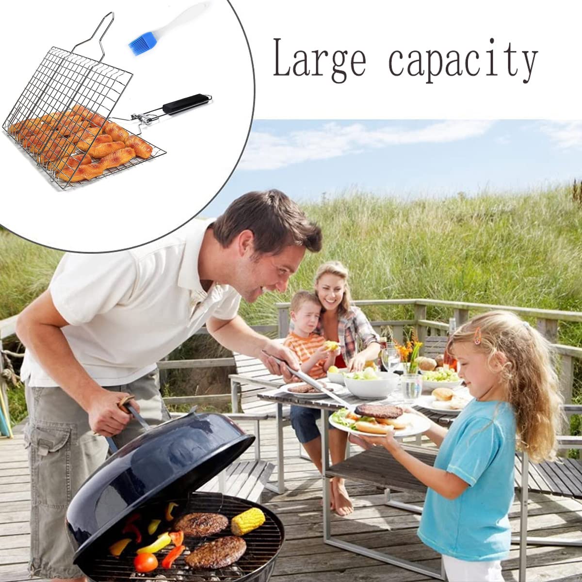 Griglia Pieghevole per Barbecue, Cestello per Grigliare Barbecue in Acciaio Inox 304, Anti-Aderente Griglia per Pesce BBQ con Manico, per Grigliate di Salsicce, Pesce, Verdure(Quadrato)