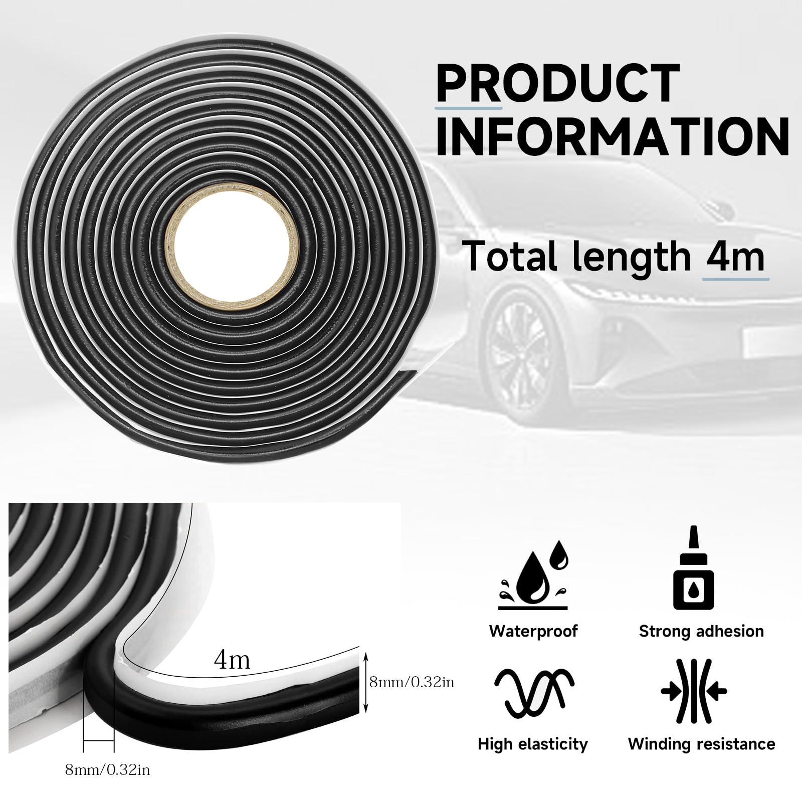 Nastro Butilico Gomma Butilica 8mm x 4m Nastro Butilico Impermeabile Nastro Sigillante Butilico per Auto Finestra Fari Porta Parabrezza