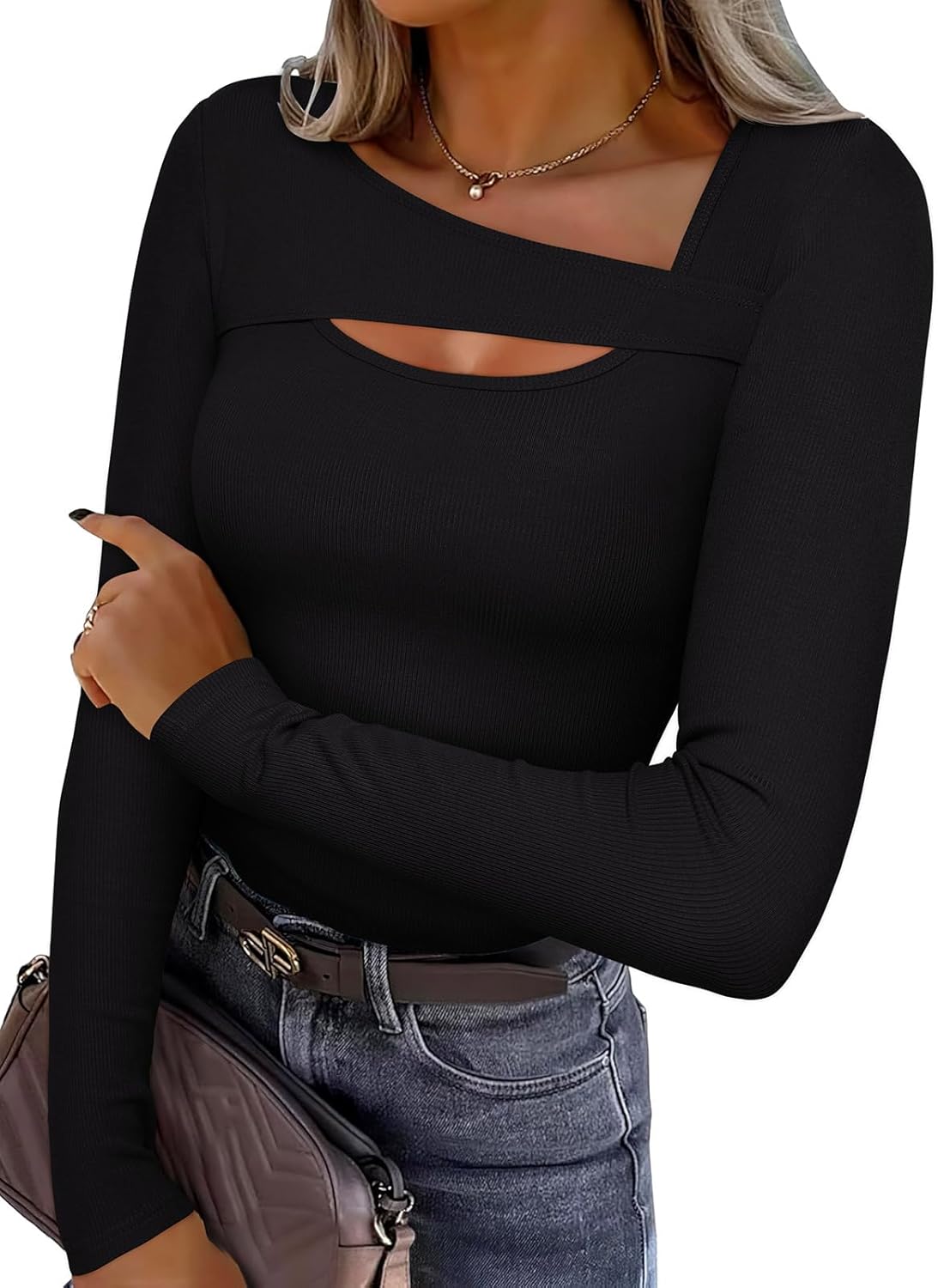 REORIA Women's Sexy Ribbed Long Sleeve Cutout Tops 2025 Fall Trendy Slim Fit Y2K Fashion Going Out T Shirts