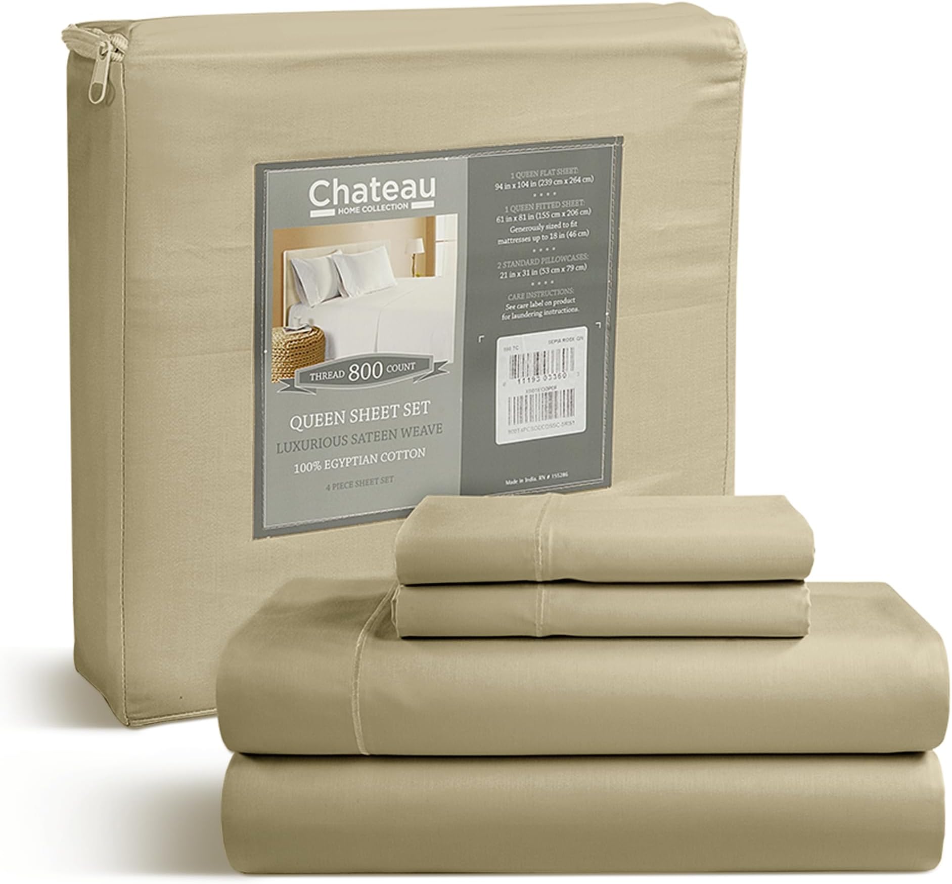 100% Egyptian Cotton Sheets Queen Size, 800 Thread Count Linen 4 Piece Sheet Set, Solid Sateen Weave, 16" Deep Pocket (Fits Upto 18" Mattress), Long Staple Cotton Bedsheet Set
