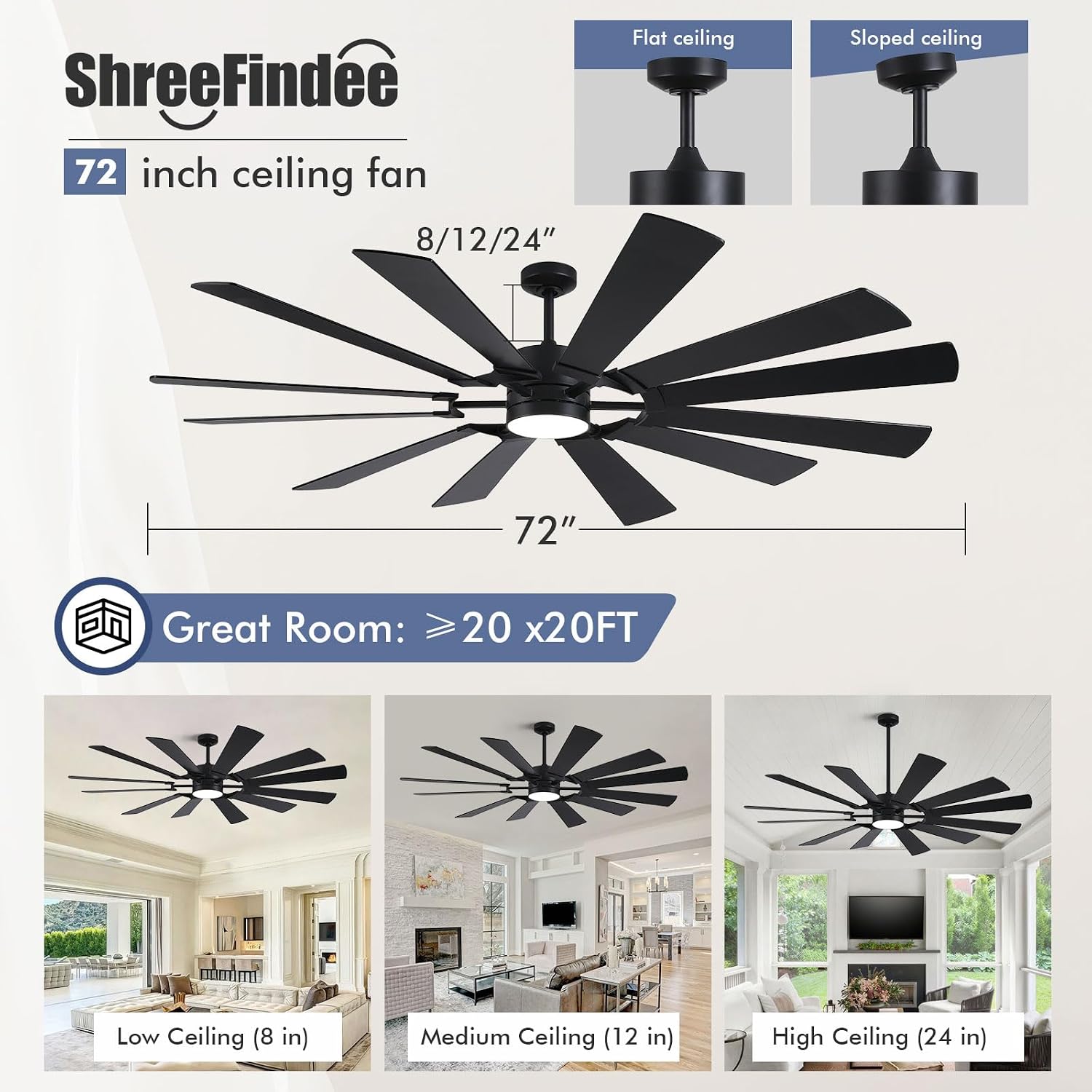 72 Inch Ceiling Fan with Light Remote, Modern Farmhouse Industrial 12-Blade(Walnut/Black), 8095 CFM High Airflow, Quiet Reversible DC Motor, Damp Rated Outdoor Ceiling Fans for Patio Indoor Large Room