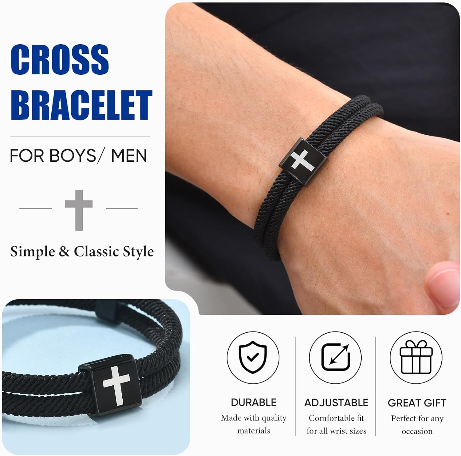TempBeau Christian Cross Rope WWJD Bracelet Set - 1/2/4/6/12Pcs Braided Cord Bracelet for Men Nautical Surf Beach Bracelets Handmade Woven String Friendship Bracelets Jesus Religious Gift for Him