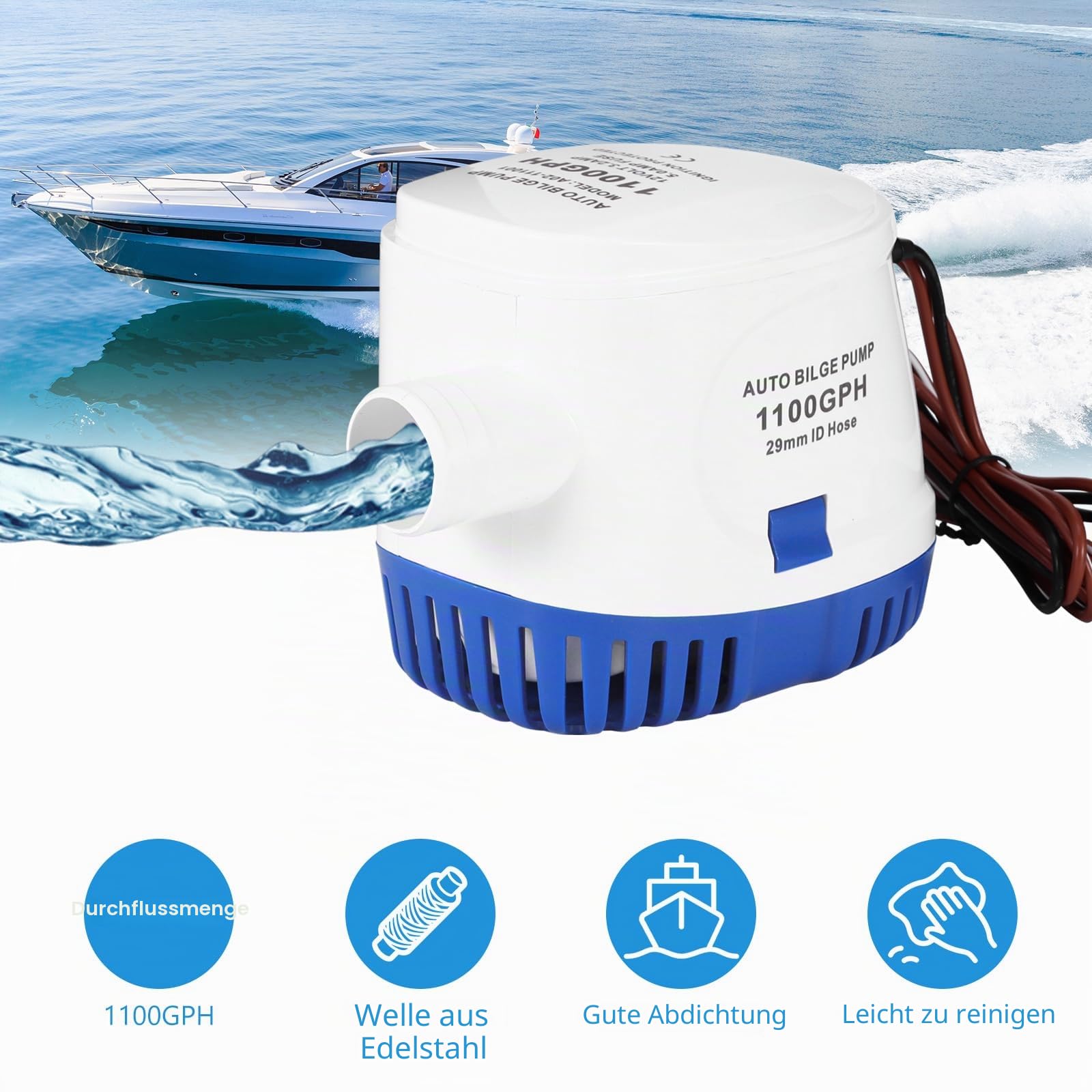 Bilgepumpen, 12V 1100GPH/70LPM Automatische Bilgenpumpe Marine Tauch Bilge Auto Silent Flüssigkeitspumpe Wasserpumpe mit Schwimmschalter für Boote Teiche Pools