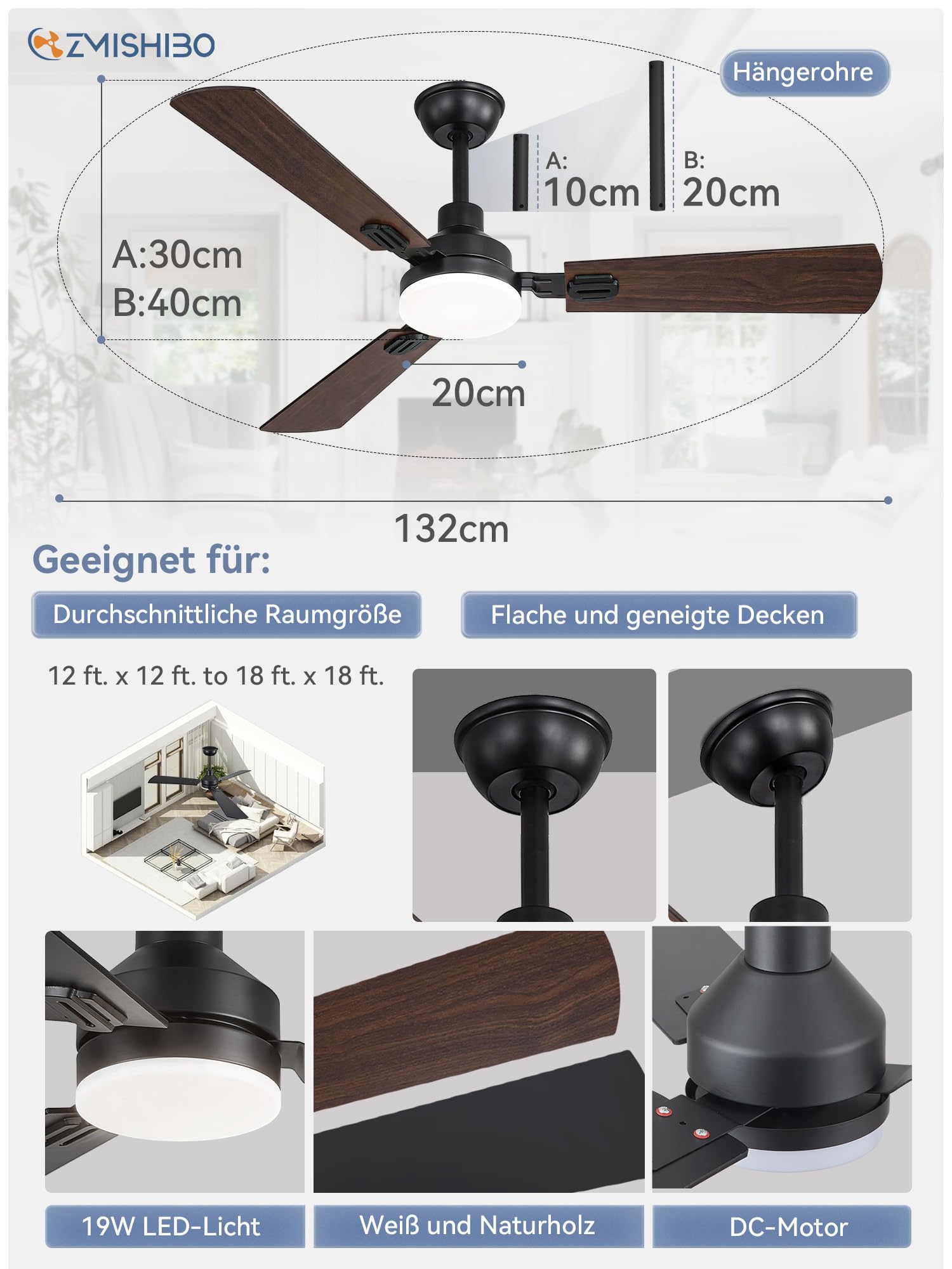 ZMISHIBO Deckenventilator mit LED-Licht 132 cm,Fernbedienung,2 Stangen,Innen & Außen,CCT 3000K-6000K,DC-Motor umkehrbar,leise,6 Geschwindigkeiten,Timer 1 h / 4 h / 8 h,Schwarz + Nussbaum