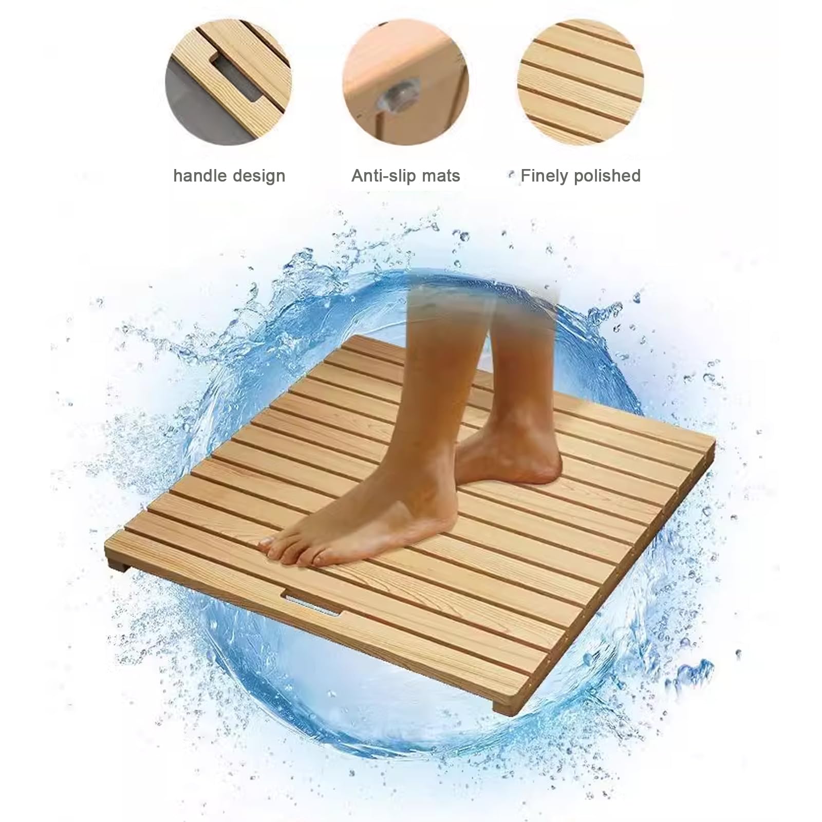 Alfombrilla de baño de bambú antideslizante con asa, rejilla de ducha rectangular, alfombra de bañera de spa, tapete de puerta de cocina, 65 x 65 cm, duradero, no tóxico, diseño ecológico