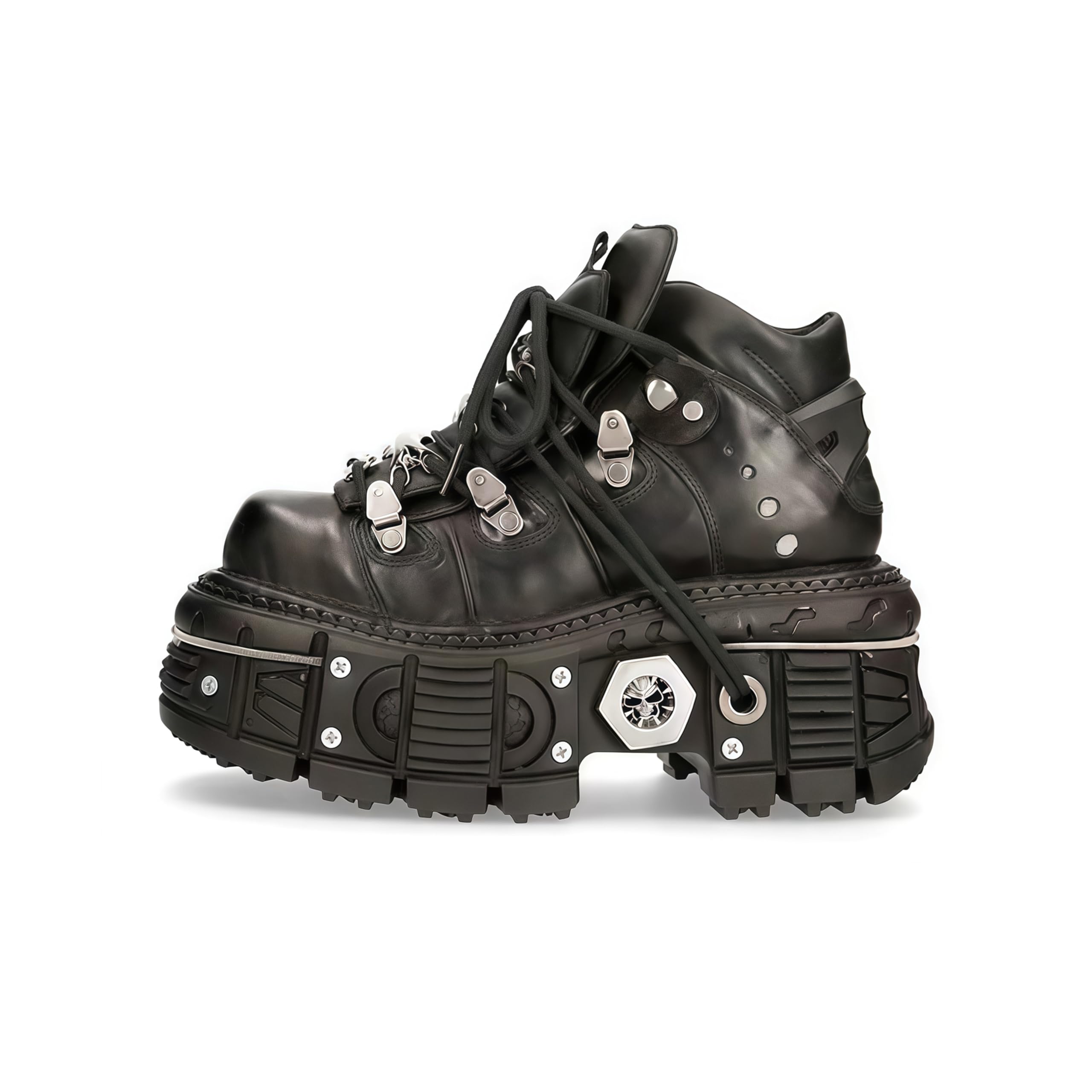 Womens Gothic Punk Ankle Boots - Genuine Leather Chunky Platform Lace Up Studded Biker Boots with Metal Charms