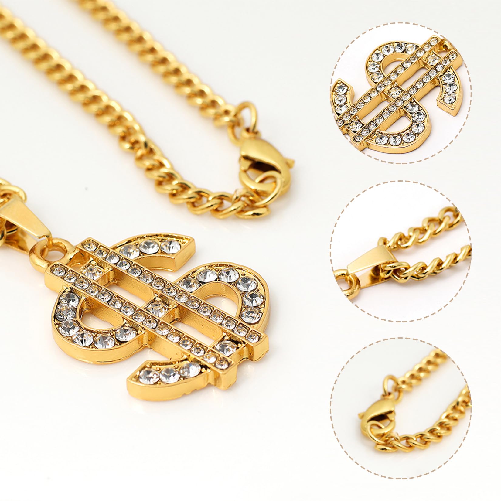 Kostium alfonsa 5 części Hip Hop Dollar Chain & Ring Shadow Wizard Money Gang Gold Chain Okulary przeciwsłoneczne 80s i 90s Strój męski Akcesoria Kostium karnawałowy