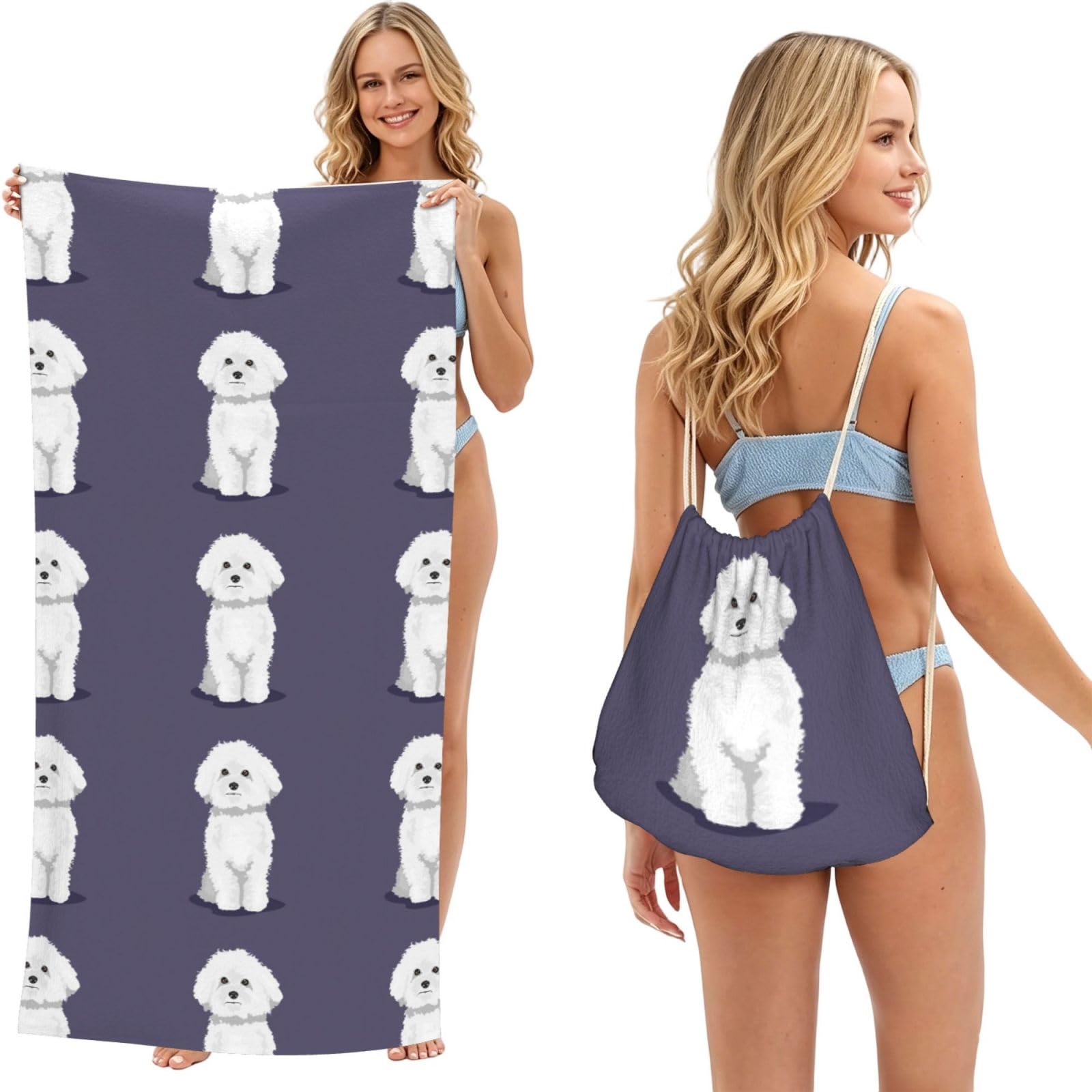 Poadnly As Picture White Bichon Frise Dog, 2 In 1 Packable Towel Bag, Beach Towels With Drawstring Backpack For Travel Holiday Camping