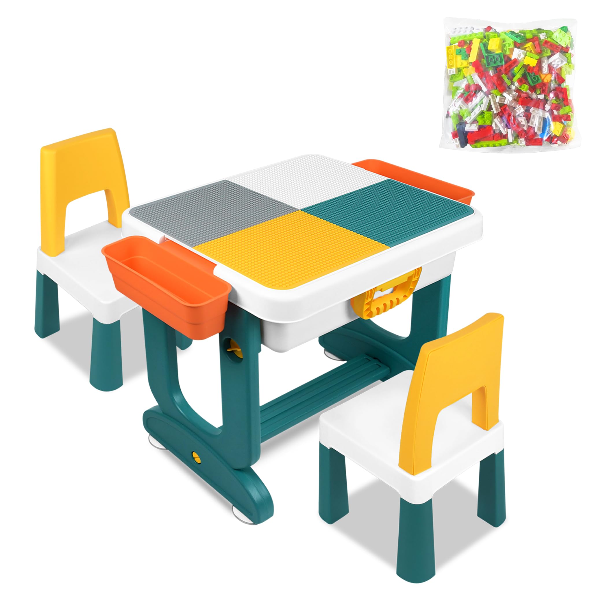 YRHome Mesa infantil multifuncional con 2 sillas, mesa de actividades de doble cara, 300 piezas, bloques de construcción, juego de sillas para habitación infantil