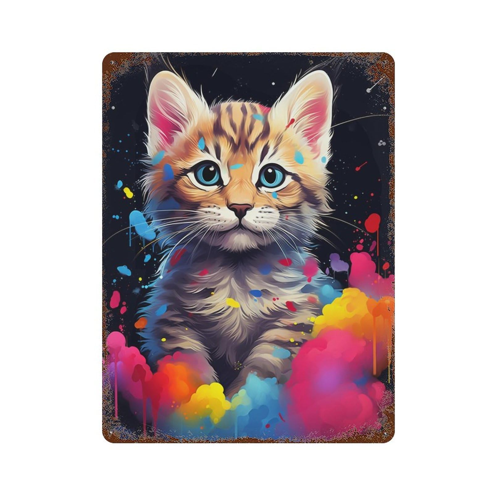 Garage Style Colorful Painted Kitten Art Decorative Tin Sign 15.7"x11.8", Shabby Chic Decor for Bar And Workshop