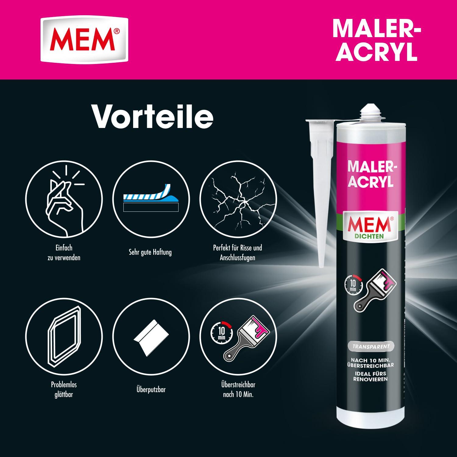MEM Maler-Acryl, Für Renovierungsarbeiten und zum Abdichten, Innen und außen anwendbar, Überstreichbar, Überputzbar, Gebrauchsfertig, Lösemittelfrei, 300 ml Kartusche, Transparent