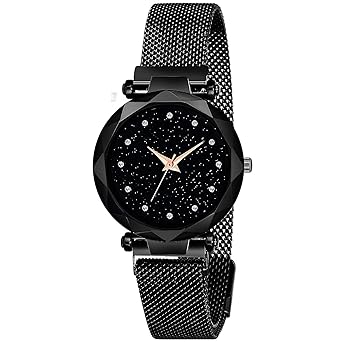 Ag House Analog Womens Diamond Watch with Magnetic Strap (Black Dial, Black Colored Strap)