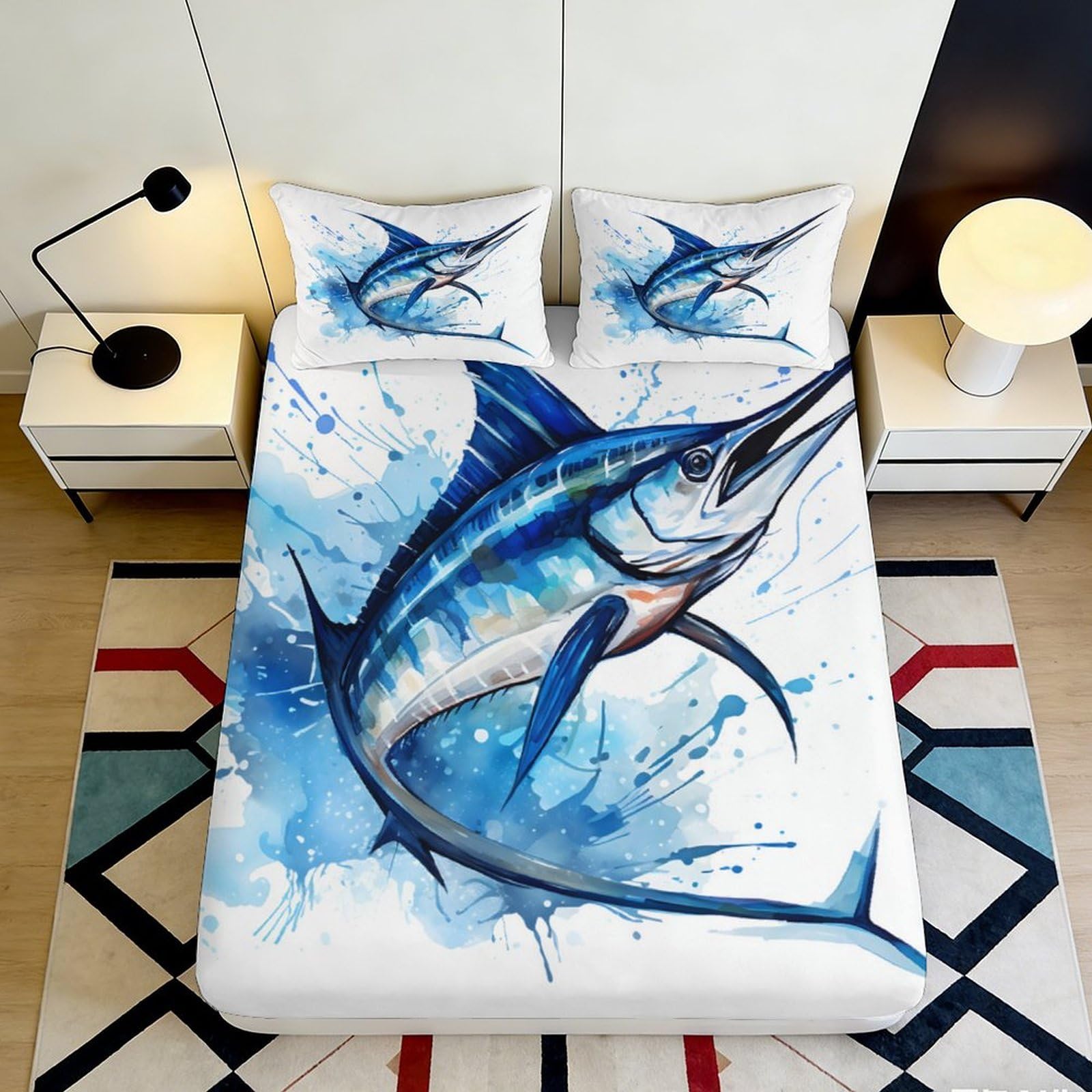 Dhbaneiok Style-7 3D Printed Blue Marlin Fitted Sheet Microfiber Soft Breathable Ocean Fish Mattress Cover For Bedroom Guest Room Decor 90X200x25cm