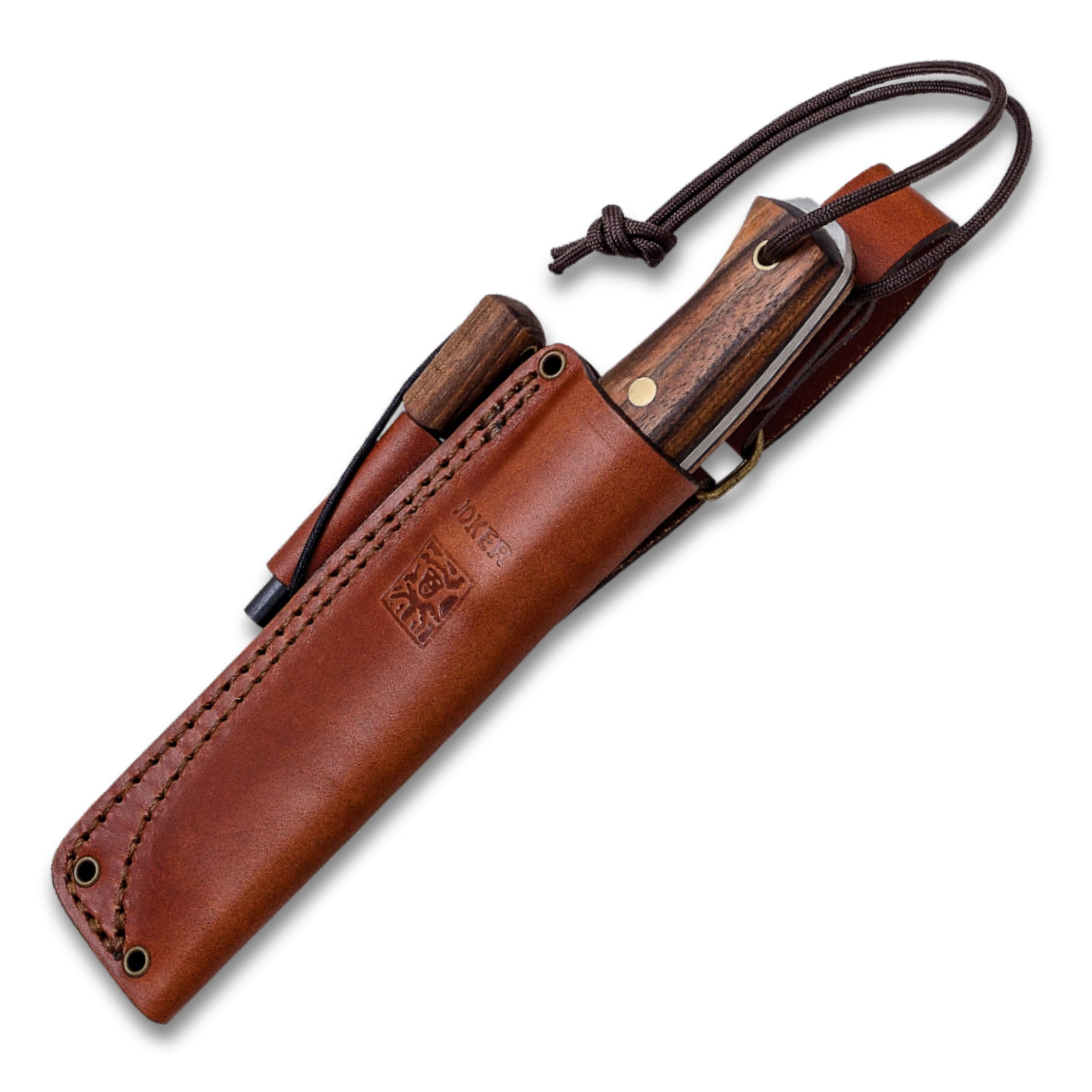Joker Jagdmesser Ember F, CN123-P, Gürtelmesser mit 10,5 cm Klinge, Walnuss Holzgriff, Lederscheide mit Feuerstahl, Sandvik Stahl 14C28N, Werkzeug zum Angeln, Jagen, Camping und Wandern