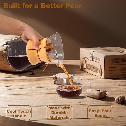 Miniatura 7 de Cafetera vertida con filtro de goteo de acero inoxidable reutilizable, jarra de café de vidrio de borosilicato sin plomo con collar de madera