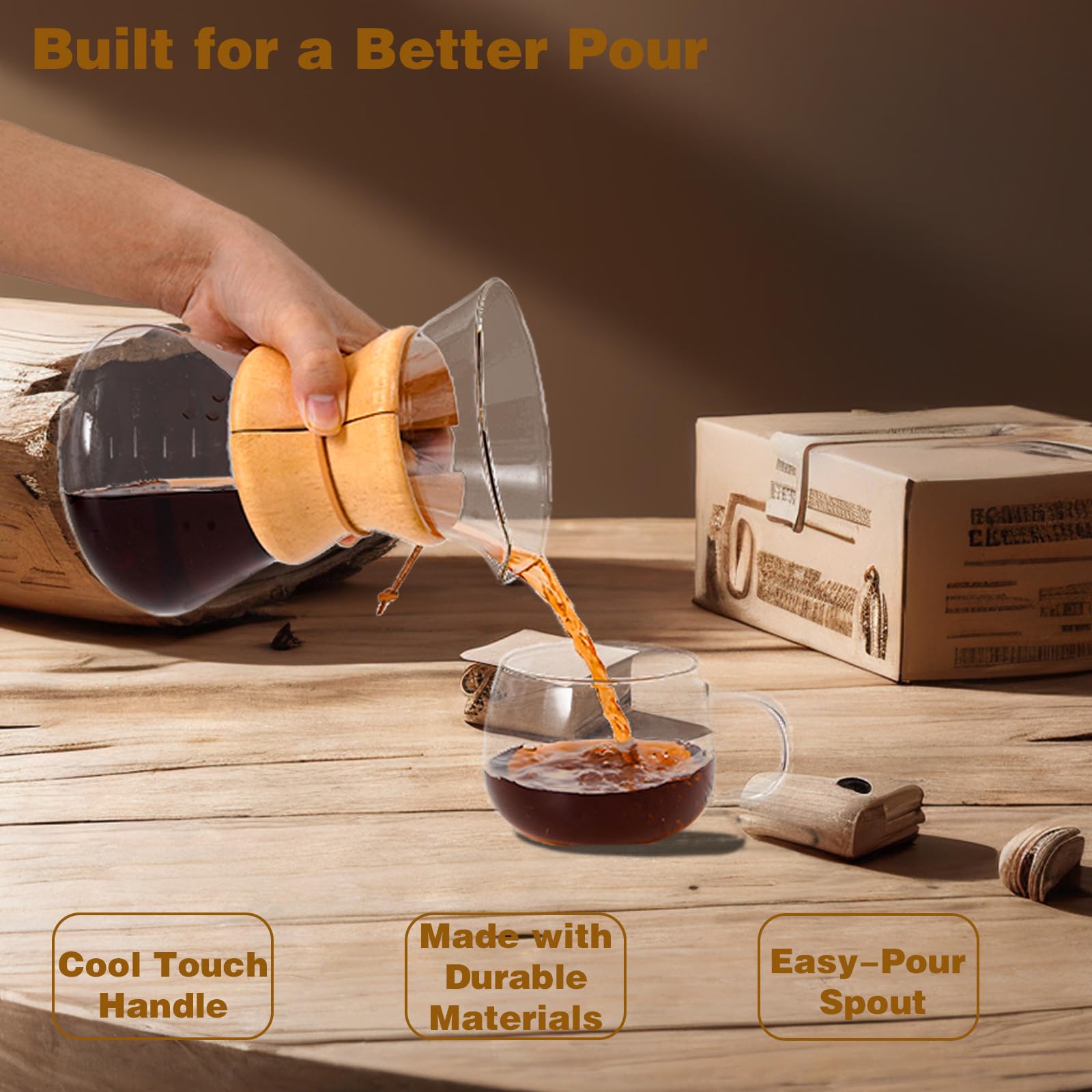 Cafetera vertida con filtro de goteo de acero inoxidable reutilizable, jarra de café de vidrio de borosilicato sin plomo con collar de madera moderno para 1-6 tazas, transparente circular 7