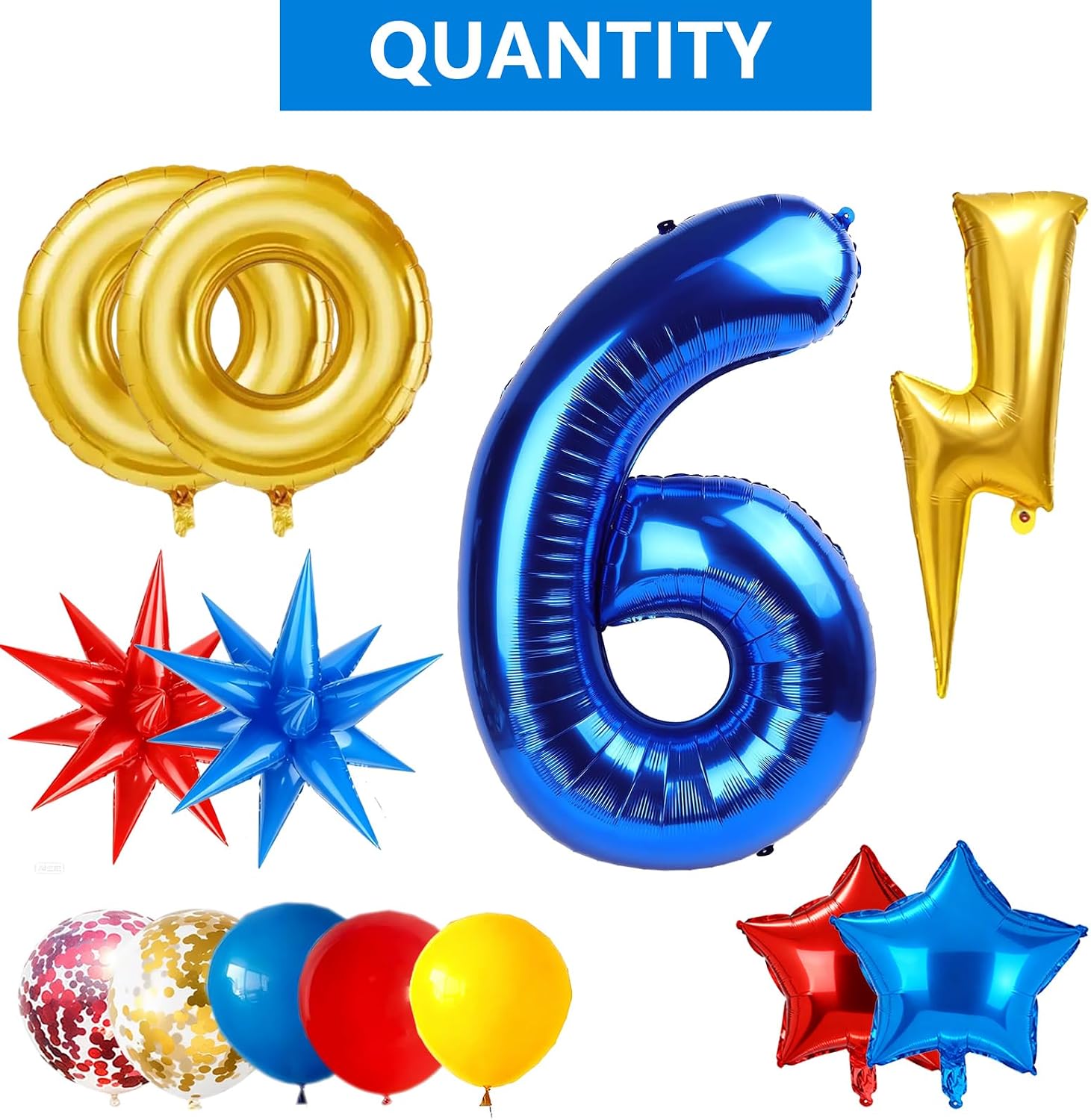 Cartoon Hedgehog Birthday Decorations,40 Inch Blue Number 6 Birthday Decorations，Big Gold Ring Lightning Balloons Red Blue Boom Star Balloons for Cartoon Hedgehog Role Carnival Theme Party Decoration image 3