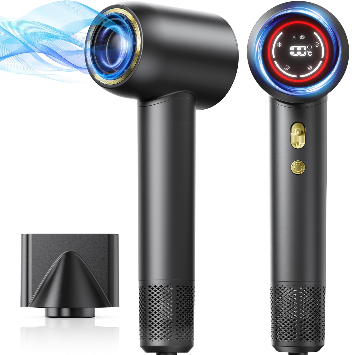 Ionen Haartrockner mit LED Display, GLAM 1600W Föhn Hair Dryer mit 4 Temperatur- & 2 Windstufen, Schnelltrocknend, Haarschonend, Anti-Frizz, Leiser Profi Fön für Damen & Herren inkl. Stylingdüse