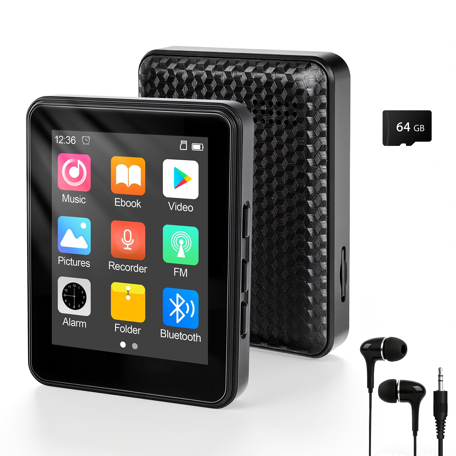 64GB MP3 Player Bluetooth 5.2 - MP3-Player 2.4" Full Touchscreen Tragbarer MP3 Player mit Lautsprecher HiFi-Klang eingebauter Aufnahme FM-Radio, Kann auf 128 GB erweitert Werden kindergerecht
