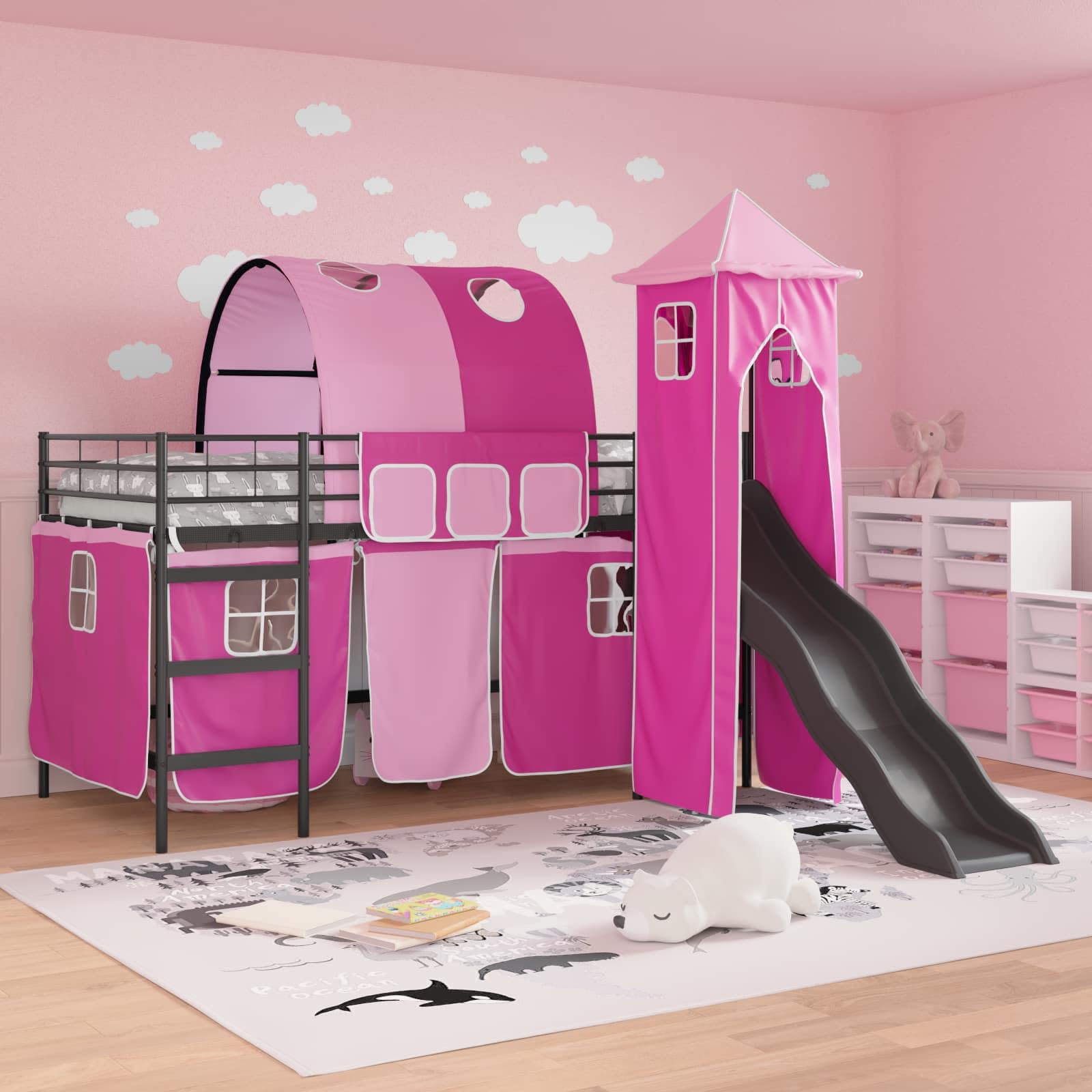 Kinderloftbett Metallbett Schwarz und Pink 80 x 200 cm mit Lattenrost und Matratze, Hochbett mit Vorhängen, Rutsche und Turm für Kinderzimmer, stabiles Bettgestell für Jugendzimmer