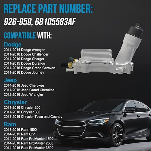 Miniatura 9 de Enfriador de aceite de motor de aluminio 926-959, carcasa de filtro de aceite Adaptador de 3.6L para Chrysler 200 300 Jeep Cherokee Grand Cherokee