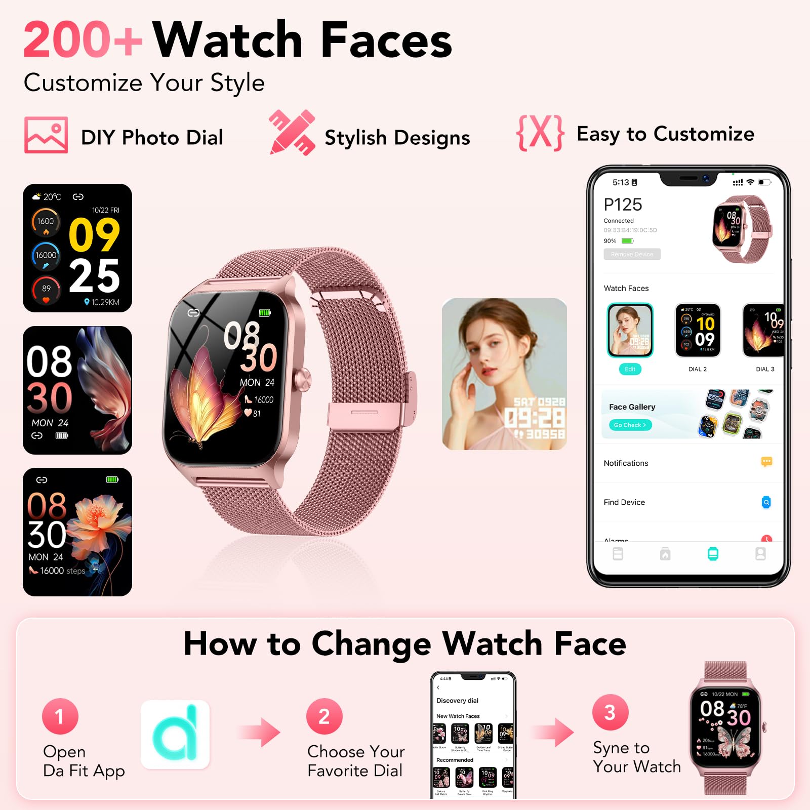 CASCHO Montre Connectée Femme avec Appel Bluetooth,1.85" HD Smartwatch Femme avec Fréquence Cardiaque/Sommeil/SpO2, 120+ Modes Sportifs, IP68 Étanche Fitness Tracker, Montre pour Android iOS Rose