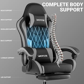 Gaming Chair with Footrest, Ergonomic Gaming Chair, Computer Chair with Lumbar Support, Head Rest, Height Adjustable PC Chairs with 360°-Swivel Seat for Office or Gaming, Black Grey