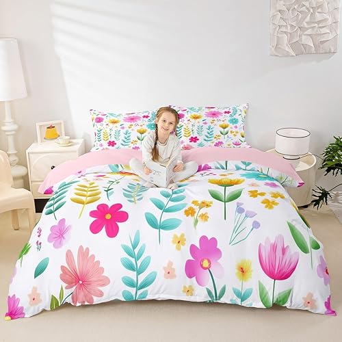 Manfei Juego de funda de edredón floral de acuarela, tamaño individual, juego de ropa de cama de hojas de flores botánicas de 2 piezas, funda de