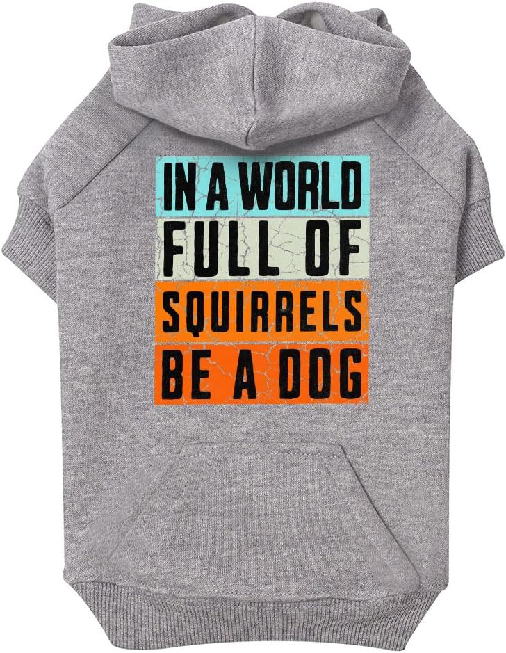 in a World Full of Squirrels Be a Dog Print Dog Hoodie with Pocket - Items for Pets - Gifts for Dogs - Gray, S