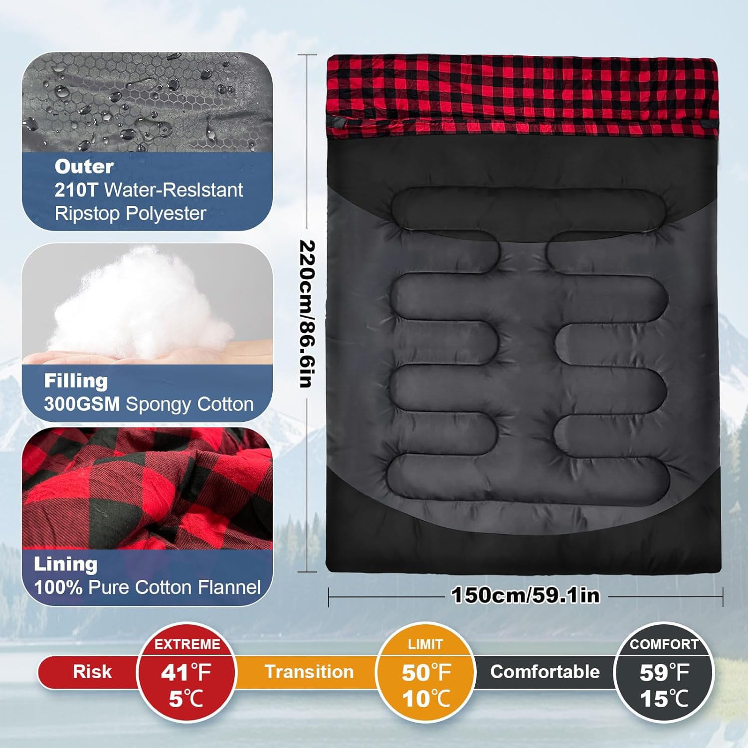 Dwuosobowy flanelowy śpiwór o powiększonym rozmiarze dla dwóch osób, z dwiema poduszkami, odpowiedni na kemping i wędrówki, wodoodporny i lekki, z torbą kompresyjną