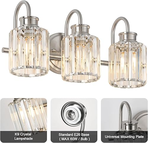 Miniatura 4 de Lámparas de baño de níquel cepillado con pantalla de cristal K9, iluminación de baño sobre espejo, luces de tocador para sala de estar, dormitorio,