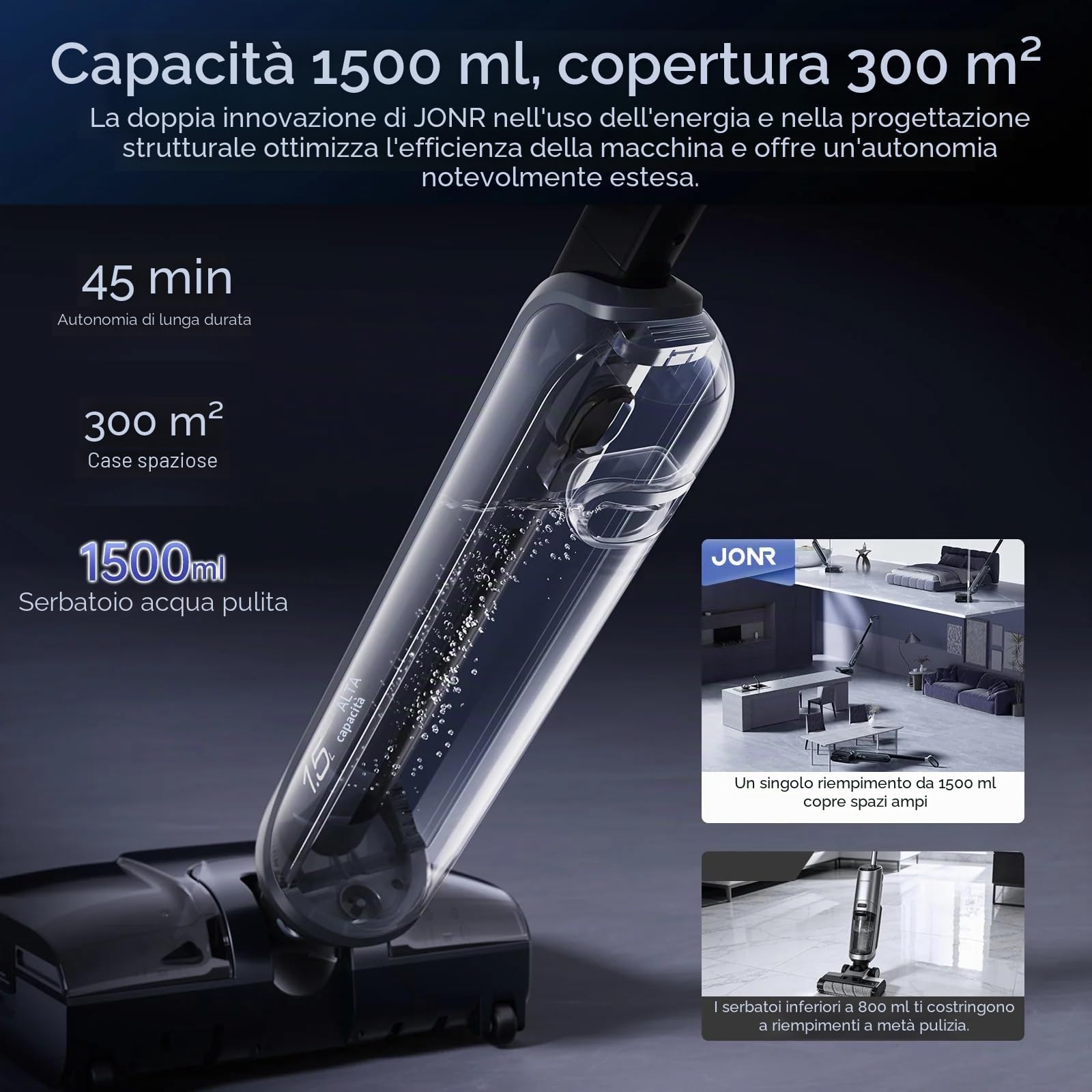 JONR 20000 Pa H2 aspirapolvere a secco bagnato,Design Innovativo Protezione Odori,Serbatoio Acqua Extra Grande 1500ml con Posizione Piatta a 180° (Potenza Aspirazione e Acqua Inalterate),45 Min. (S)