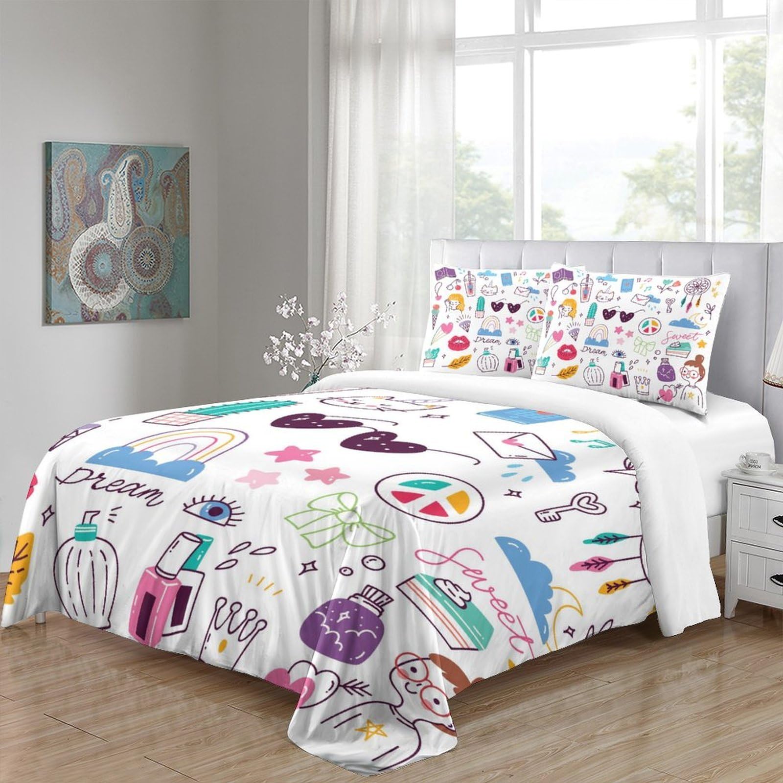 Fantasia 3D Stampata Ragazza Set Copripiumino Microfibra Morbido Decorazione Camera da Letto Set Biancheria per Tutte le Età Casa King（220x240cm）
