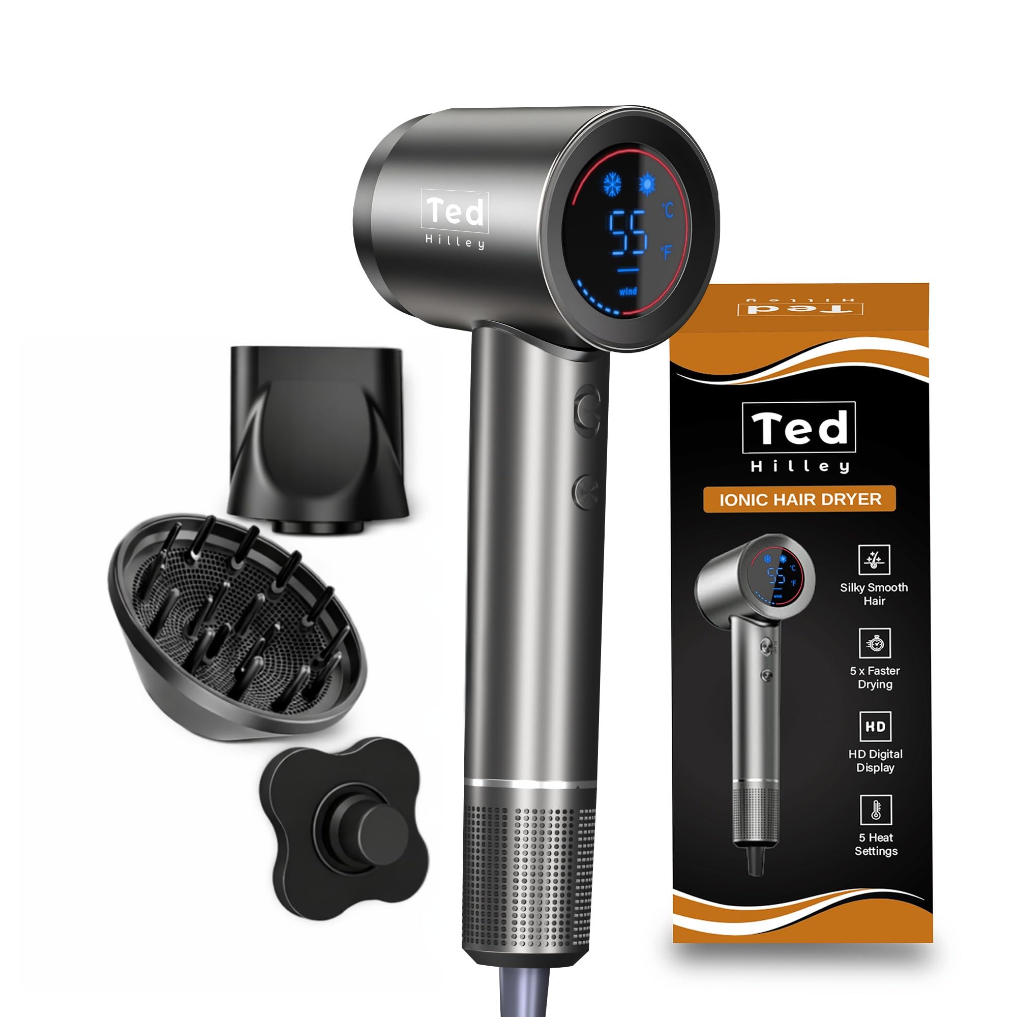 Ionen Föhn mit Diffusor & High-Speed Motor – 5× schnellerer Haartrockner Ionen – Fön mit Diffusor & Konzentrator – 5 Heizstufen, 2 Geschwindigkeiten, HD-Display – Reiseföhn & Haarföhn für Locken