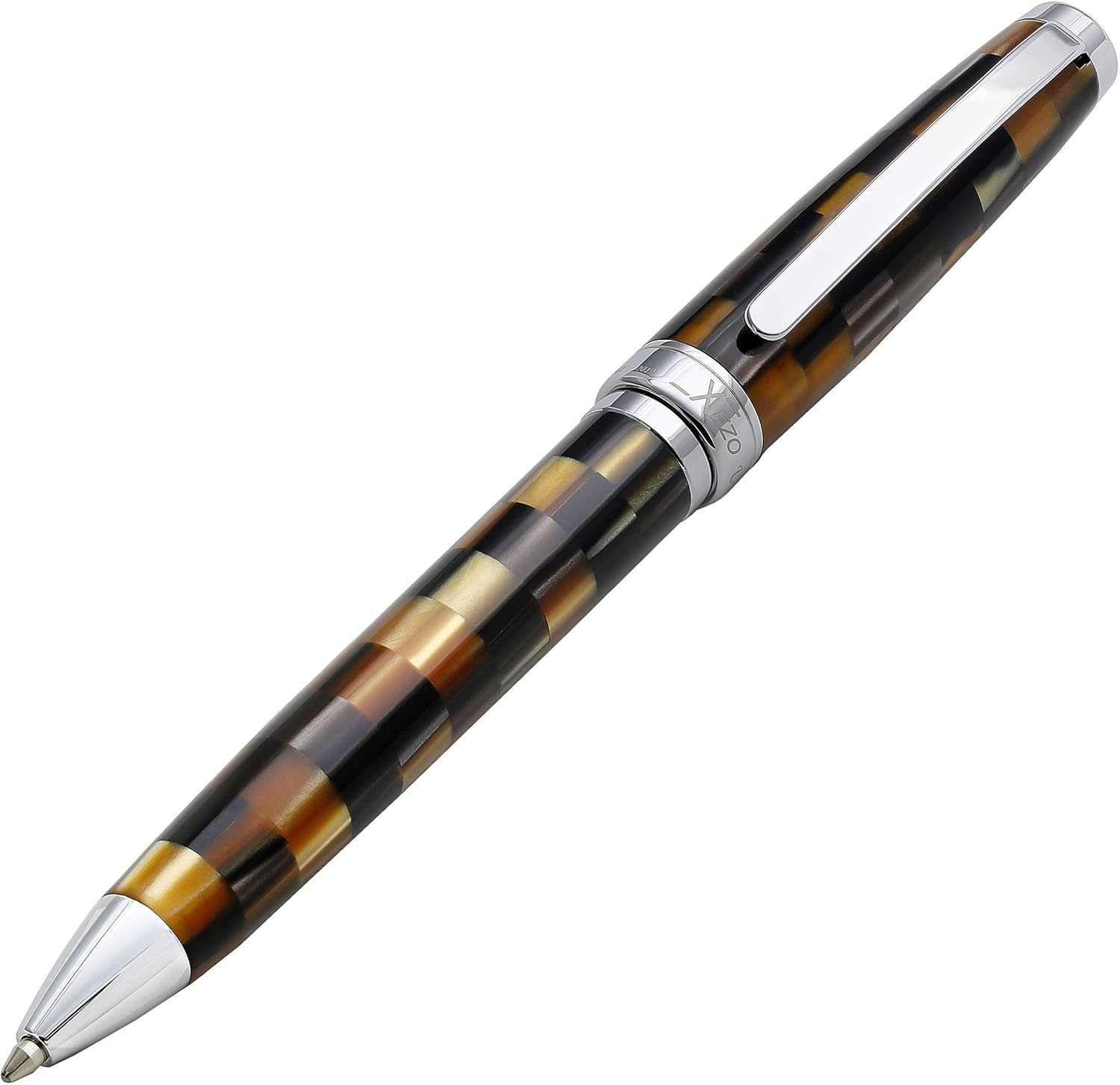 Xezo Urbanite Ballpoint Pen, Medium Point. Retro Blue, Black, and Cream Checkered Acrylic on Brass and Aluminium. Chrome Plated. Limited Edition and Serialized. No Two Alike