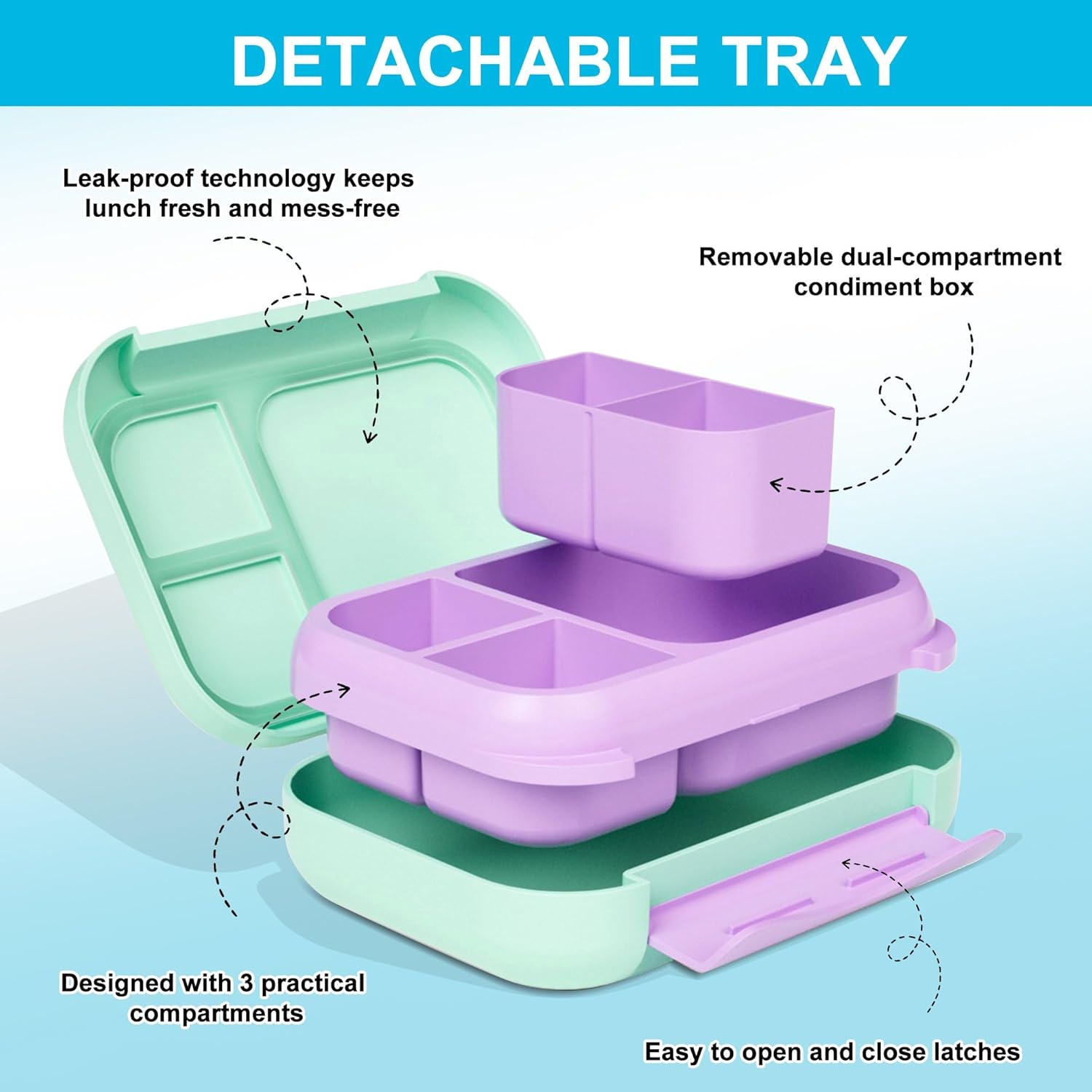 Kids Bento Lunch Box, 5-Compartment Leakproof Container with handle Movable Snack Box BPA-Free, Dishwasher & Microwave Safe Utensils Included for Kids/Adults | School, Office & Travel | Green - Image 2