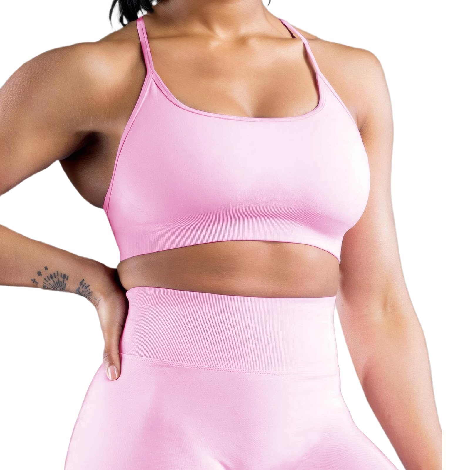 Conjunto de entrenamiento de gimnasio para mujer, 2 piezas, sin costuras, tirantes cruzados, brasier deportivo oculto, pantalones cortos fruncidos, trajes de yoga, ropa deportiva