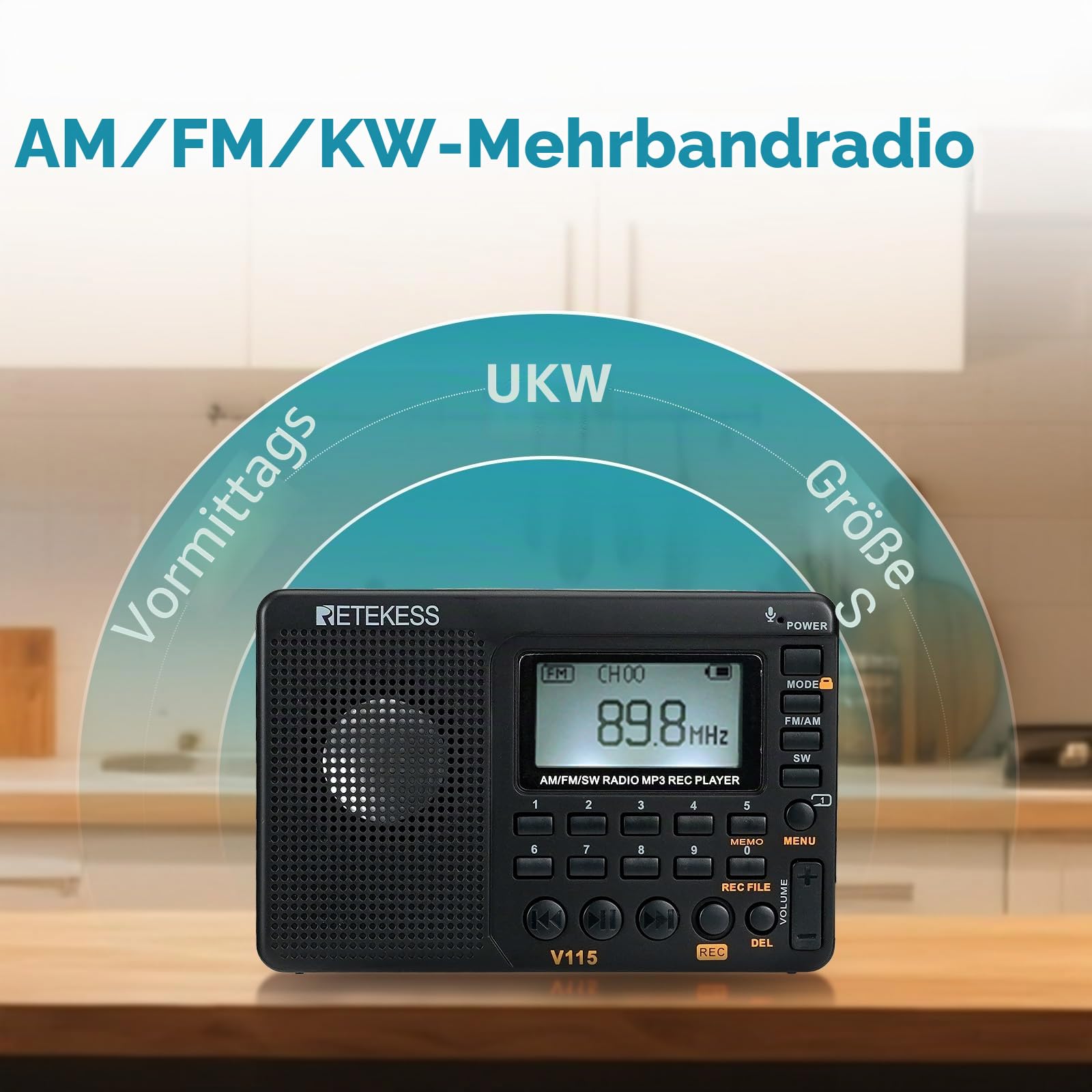 Retekess V115 Tragbares Digitales Radio,Petite Radio Rechargeable,Radio AM FM SW,1000mAh Wiederaufladbare,100 Stationsspeicher,3 Aufzeichnungsmodus,für Familie,Outdoor,Garten(Noir)