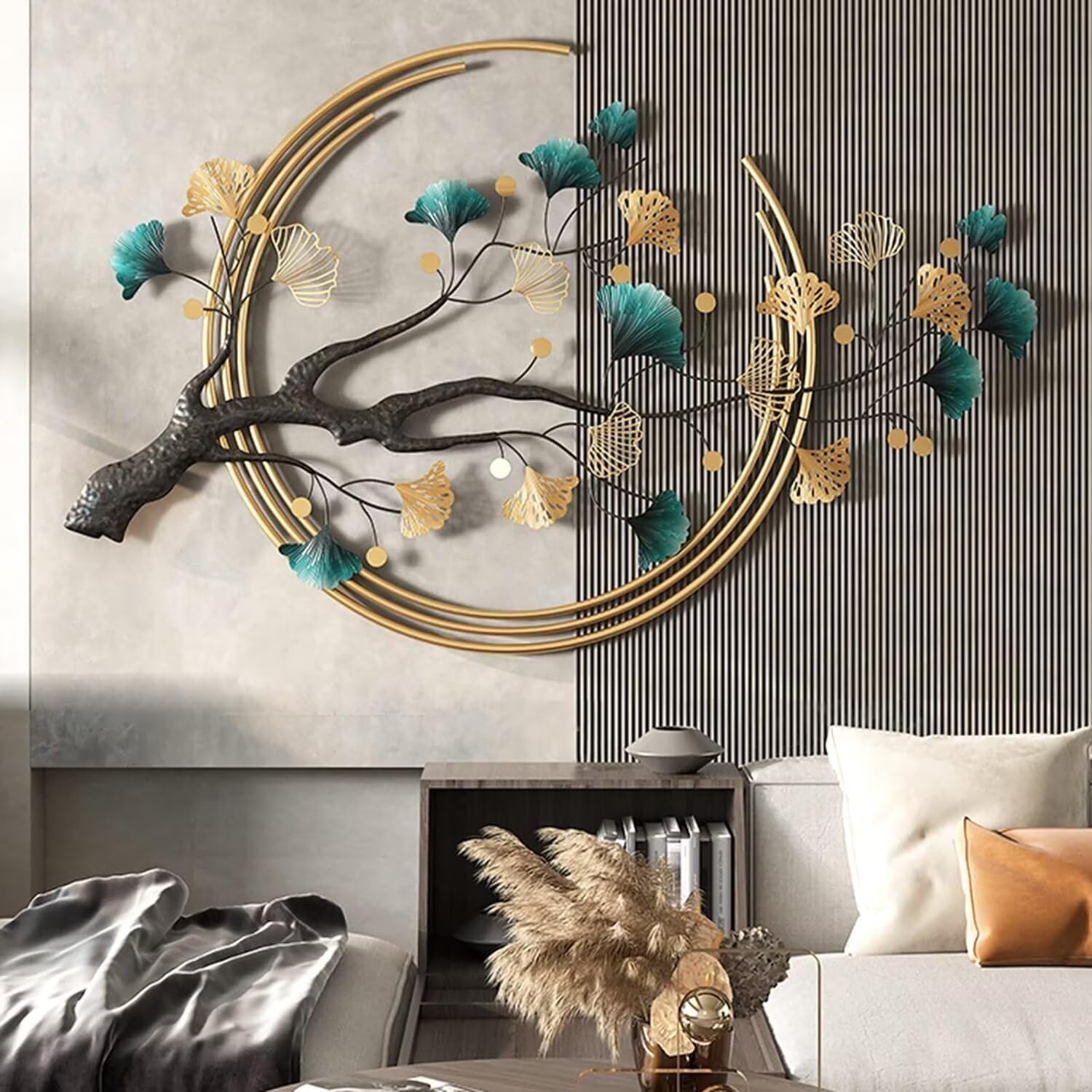 JKFGYTHG Décoration murale de luxe en métal avec des feuilles de ginkgo, décoration d'art naturel pour le salon, la chambre, la cuisine et l'hôtel, 134x83cm