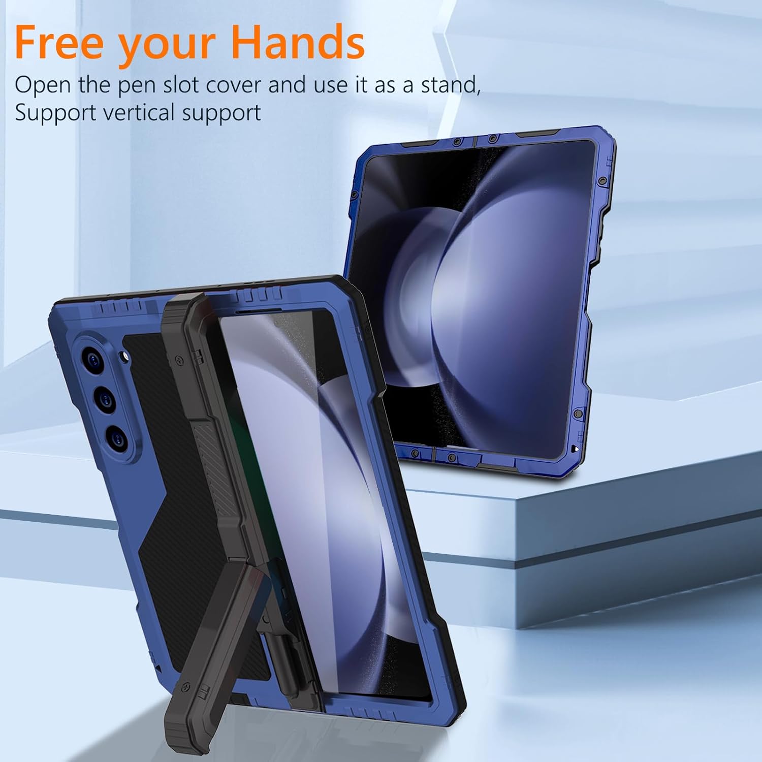 for Samsung Galaxy Z Fold 5 Metal Case with Fold5 S Pen Holder, Rugged Heavy Duty Z Fold 5 Case Screen Protector Kickstand Full-Body Protection Z Fold 5 5g Phone Case Blue