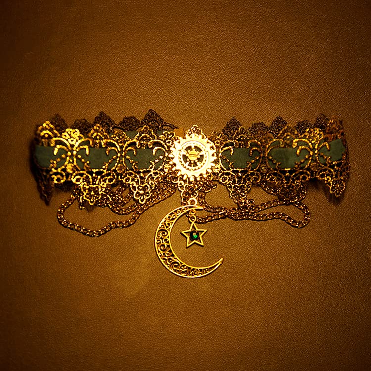 GRACEART Women Steampunk Necklace Vintage Bronze Gold Moon Pendant Lace Choker2